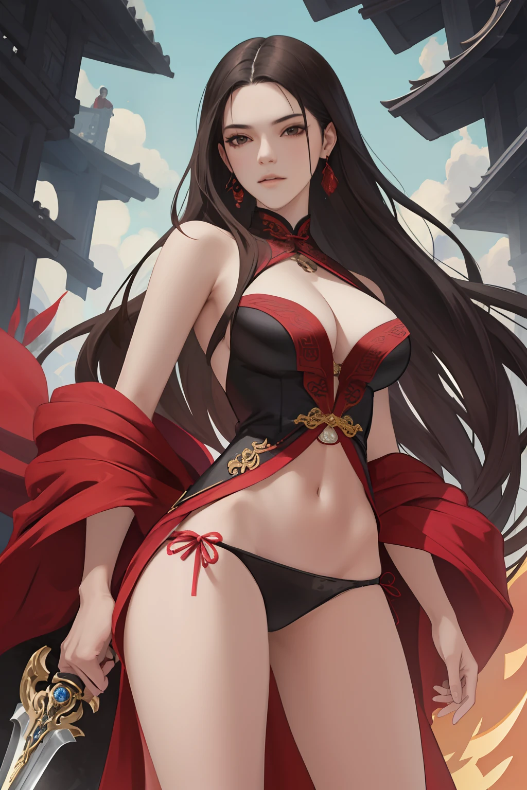 NSFW, obra-prima, melhor qualidade, ultra-detalhado, semi-realista, detailedfacialfeatures, 2woman, usando roupa distinta feminina velha wuxia,Villain,mulher de seios grandes,cabelos brancos como a prata,eyes black as darkness,corpo feminino perfeito sensual,o melhor de todos,voluptuosa,roupa feminina especial,arrogante,Standing with a long-tipped sword at the ends in his left hand his fallen enemies.
