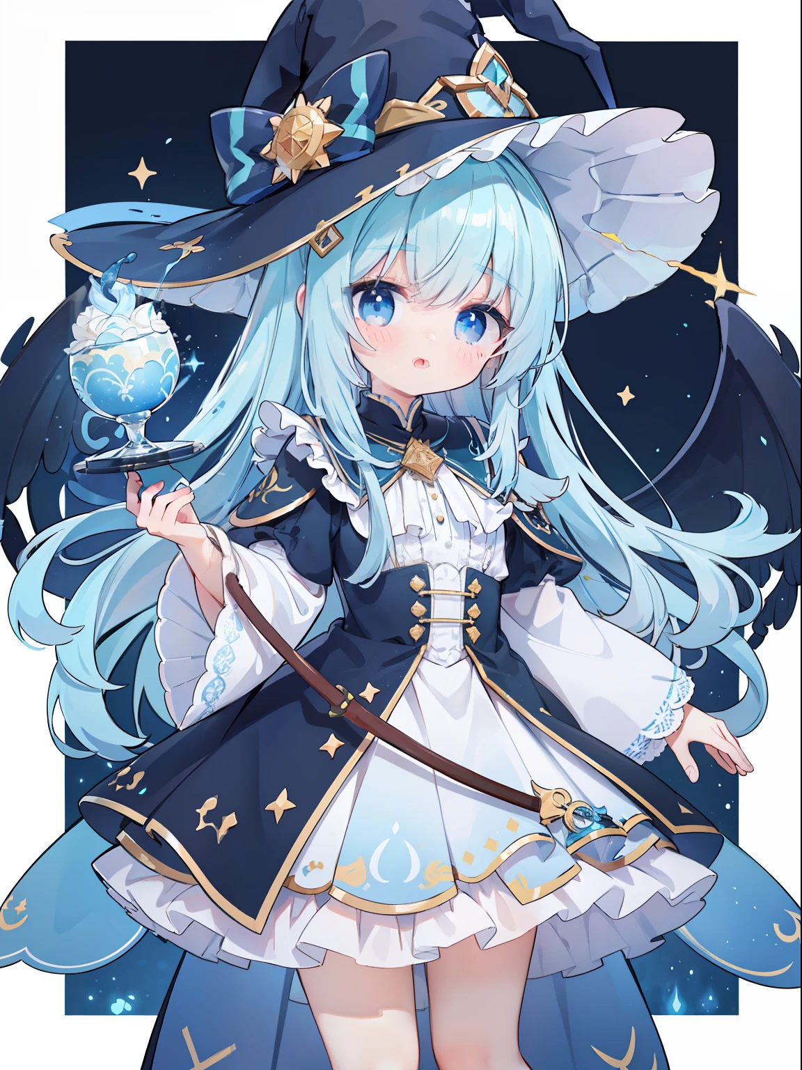 extremely detailed CG unified 8k wallpaper, very fine 8KCG wallpaper, absurderes,Lori ,Best Quality ,ultra-detailliert ,Beautiful face ,masterpiece、masterpiece、Top image quality、top-quality、lightblue hair、Light blue witch costume、witch's hat、Light blue face、Two-side-up、Light blue eyes、cute little