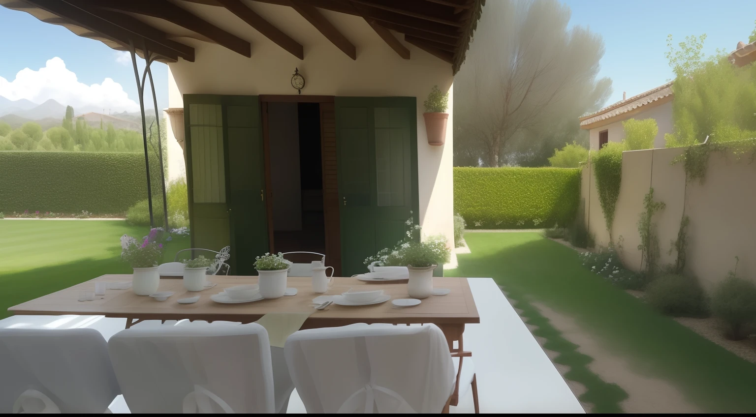 Mar, grama verde, casa campo flores, luz