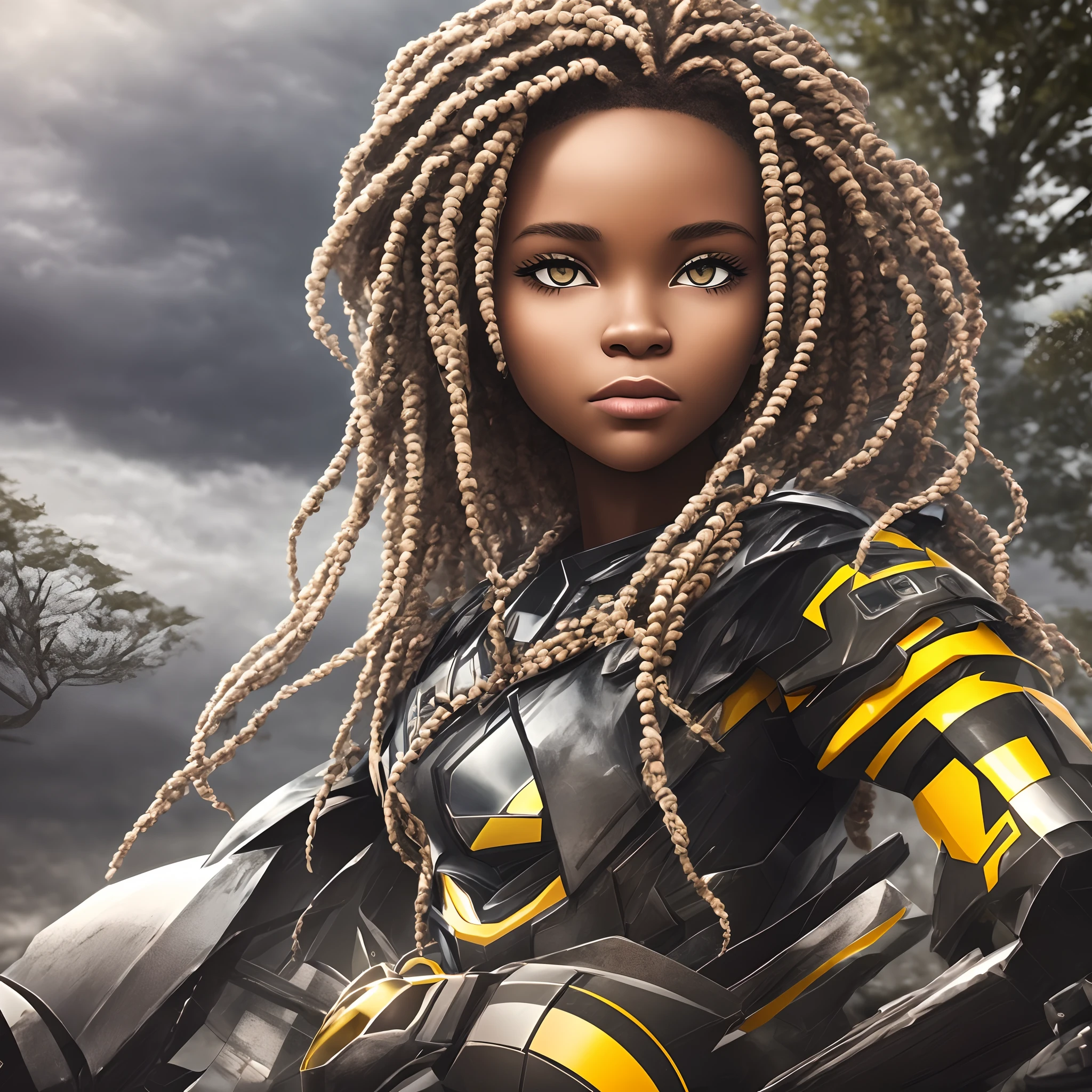 african girl with braids and beads, low poly bumble bee robot, pixar style, 3d rendered, octane X, Close up of warrior standing on a hill holding a sword, overlooking battlefield, robes blowing in the wind, sinister beauty, hard lighting, crisp illustrations, 32k uhd, art, street pop, emotion, close up, vibrant, illustration, abstract background, cinematic, moody, grey sky’s, trees in the background --auto --s2