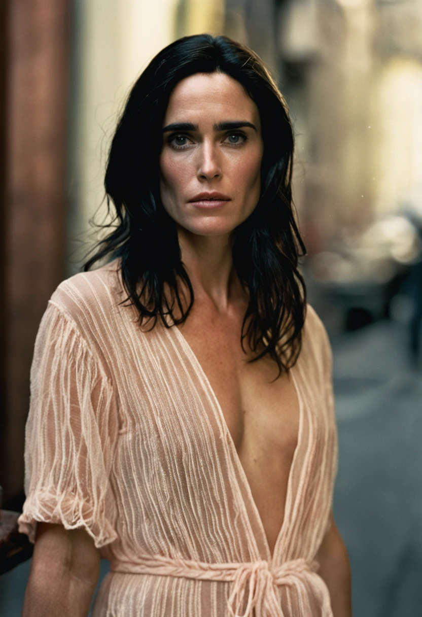 rosto Jennifer Connelly foco nitido. foto raw. foto realista. polaroide. naked bed expression pleasure.