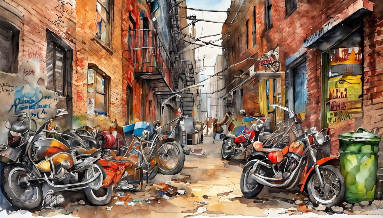 Scene of a backstreet alley,some punk  boys and girls,  hippy guys,graffiti, New York,bricked walls, barbed wire, ，motorbike, baseball gloves, POP neon lights , Aluminum trash cans，Fire staircase