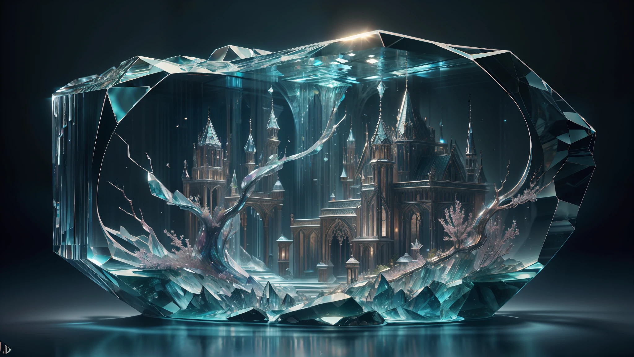 A masterpiece of crystal sculpture, There are natural plants inside, Ornamental fish, water, splendor, fanciful, high high quality, high detal, best qualityer, RTX, 4K, 8K,