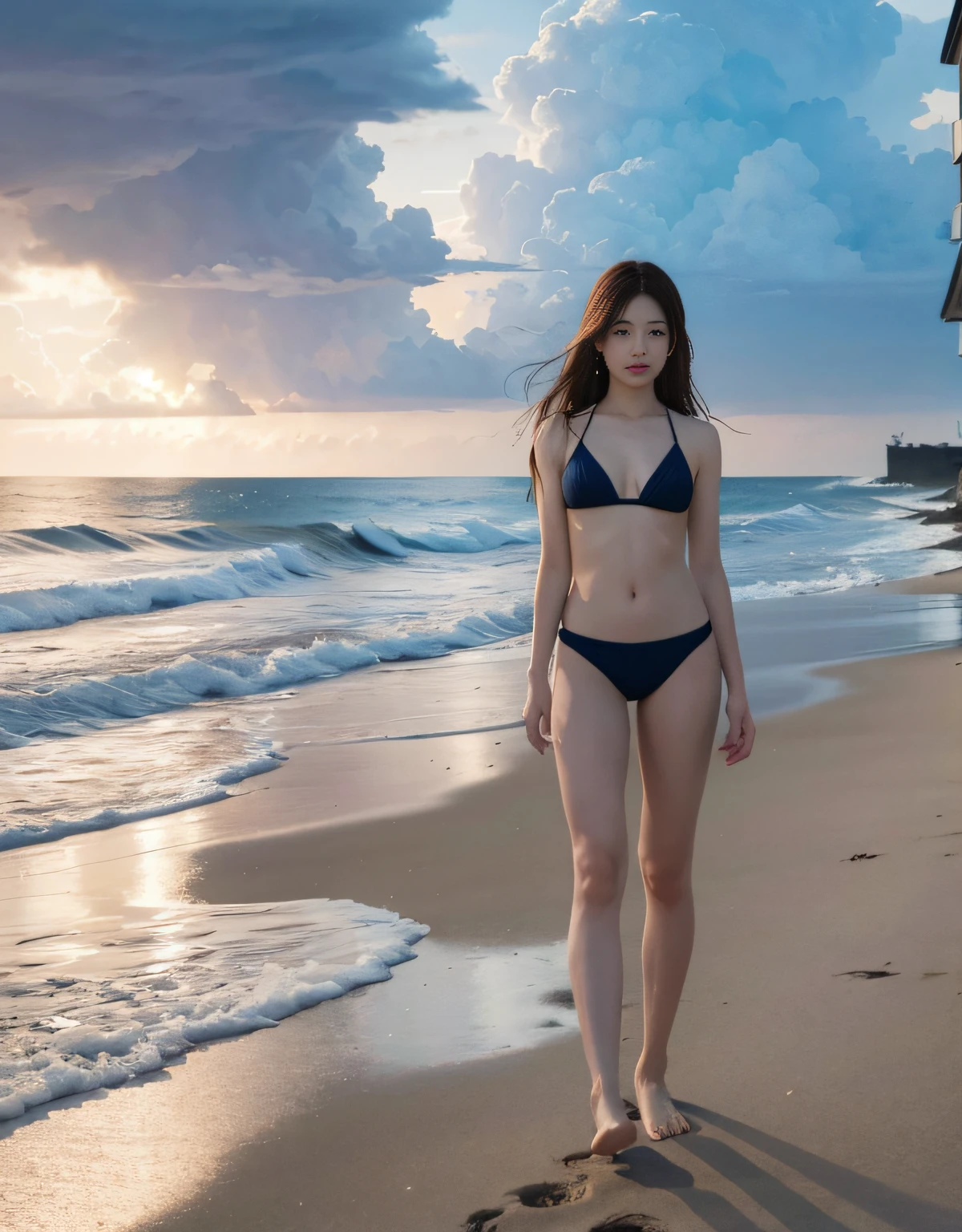 Full body photo of a girl on the beach、The bikini、full bodyesbian、Cloudy sky、Lightning in the cloud of explosion、saddened、小柄、russian face、the perfect body、small tit、20yr old、beautiful countenance、yudai、Beautiful fece、goddes、length hair、stormy、Complex positioning、firmament、realisticlying、A detailed、​masterpiece、Extra film grain、profetional lighting、professional photograpy、neutral colors、Subdued Color、natural soft light、photoRealstic、Excellent configuration、4K、hight resolution、Art by Stanley Kubrick、