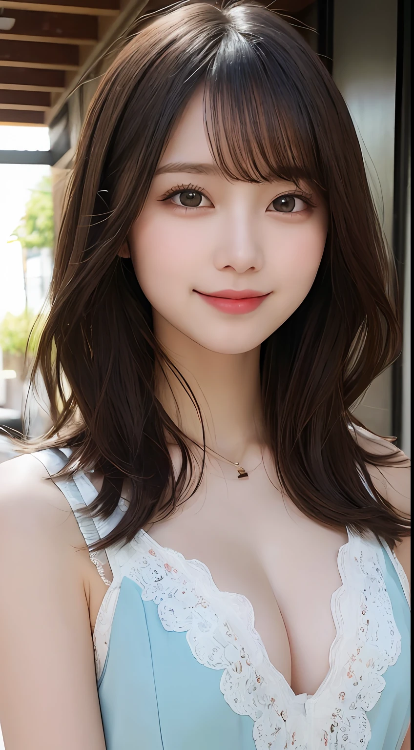 masutepiece, Best Quality, Illustration, Ultra-detailed, finely detail, hight resolution, 8K Wallpaper, Perfect dynamic composition, Beautiful detailed eyes, Women's Fashion Summer,Medium Hair,Small breasts natural color lip, Bold sexy poses,Smile,Harajuku、20 years girl、Cute、Sexy shot looking at camera
