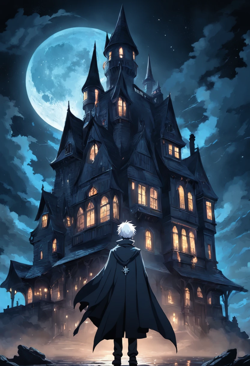 darkly, The old Victorian house stands alone in the moonlight,The color is bright,dark night background,Men around 12 years old,White color hair,Light blue eyes,Black wizard robes,Castle at the back,Harry Potter style wizard,Tender