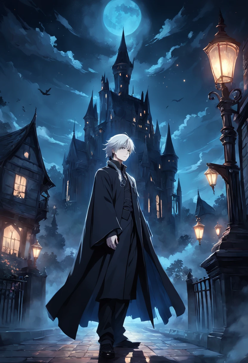 darkly, The old Victorian house stands alone in the moonlight,The color is bright,dark night background,Men ,White color hair,Light blue eyes,Black wizard robes,Castle at the back,Harry Potter style wizard,Tender