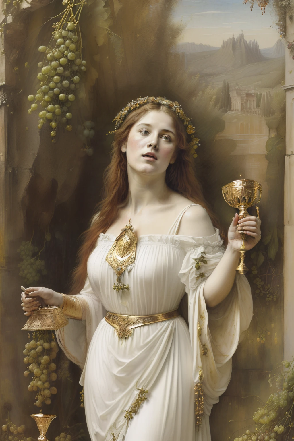 (((Pre-Raphaelite painting of a maiden in white singing while holding a golden chalice under bunches of grapes, roupa celta, boca aberta, is singing, Neck raised, Neck strap, cantoria, Santo Graal, paisagem celta, Floresta encantada)))