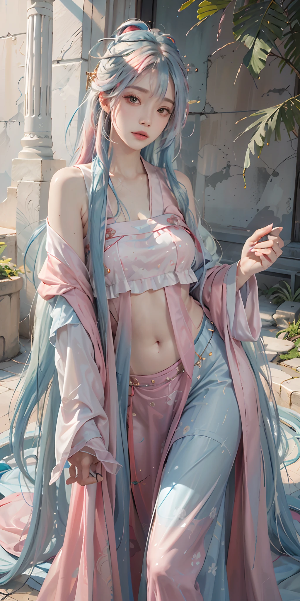 photorealistic, high resolution, soft light,1women, solo, hips up, shining skin, (detailed face),tattoo, jewelry, (rainbow color Hair,colorful hair,half blue and half pink hair:1.2), red hanfu, chinese achitecture