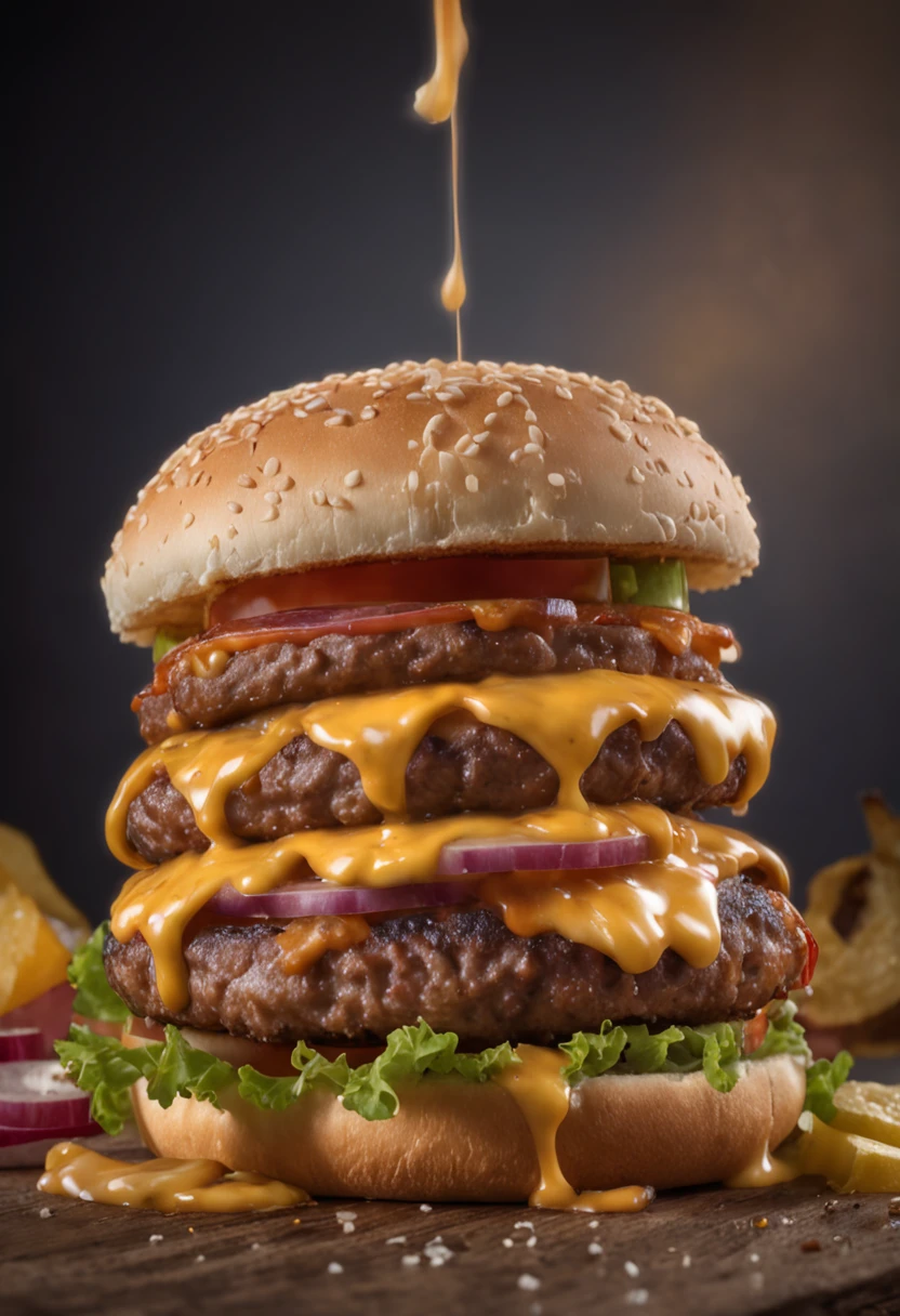 A burger falling in pieces juicy, tasty, hot, promotional photo, intricate details, hdr, cinematic, adobe lightroom, highly detailed