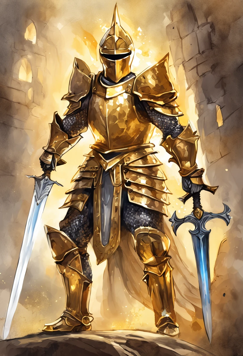 Knight wearing gleaming golden armor wielded a luminous sword that emanates a lot of light and a strong shield that the hardest rock poses for presentation not cut image best quality possible