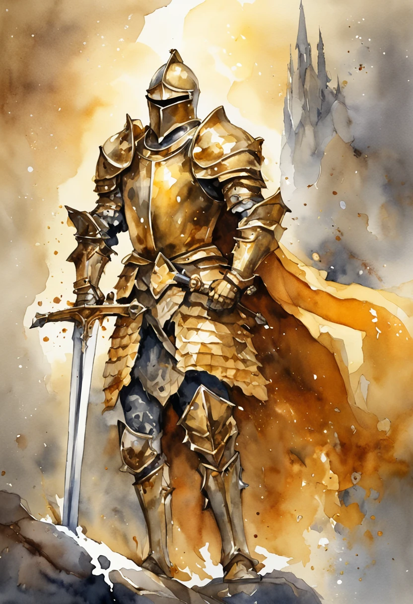 Knight wearing gleaming golden armor wielded a luminous sword that emanates a lot of light and a strong shield that the hardest rock poses for presentation not cut image best quality possible