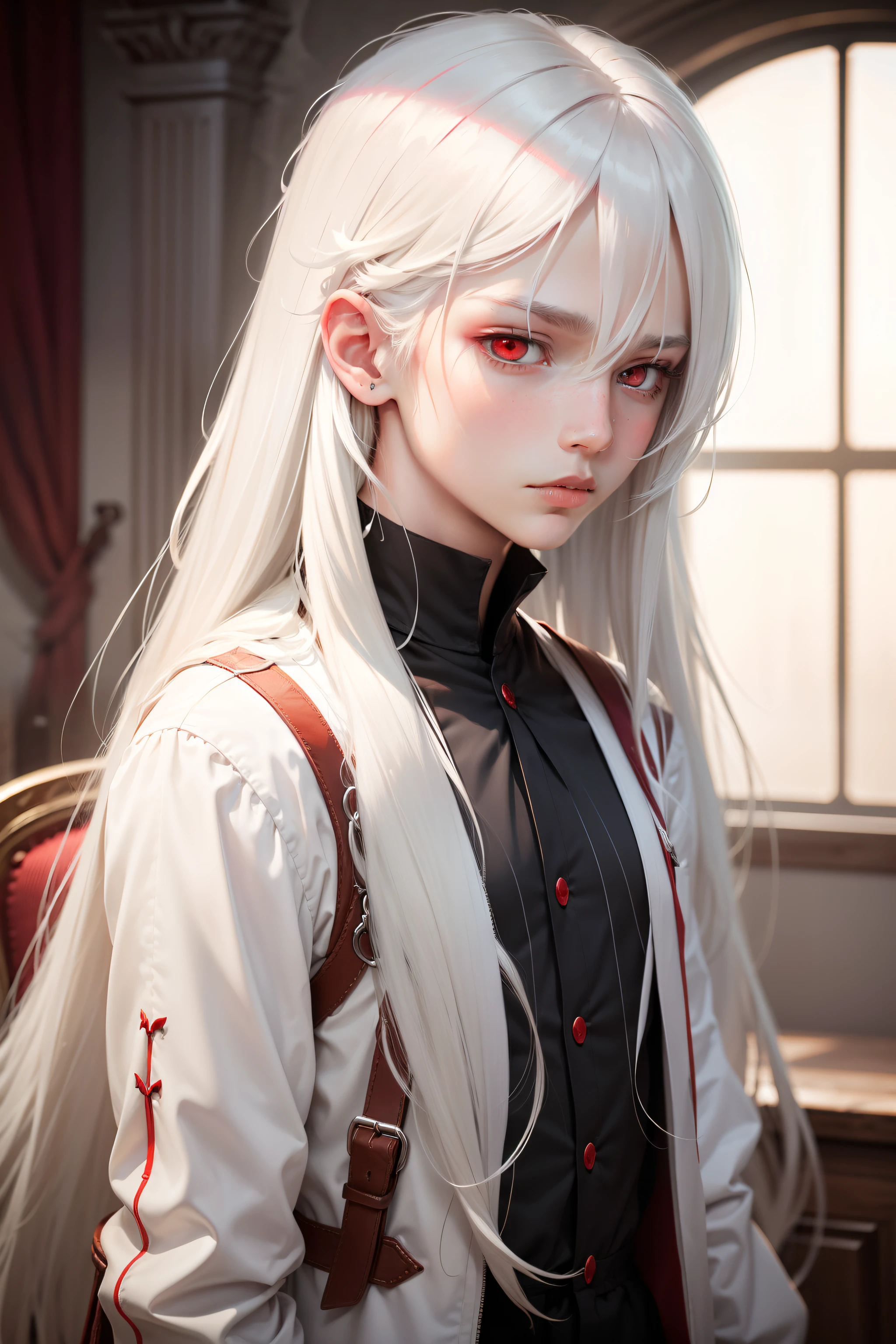 White-haired boy, long hair, red eyes, demon
