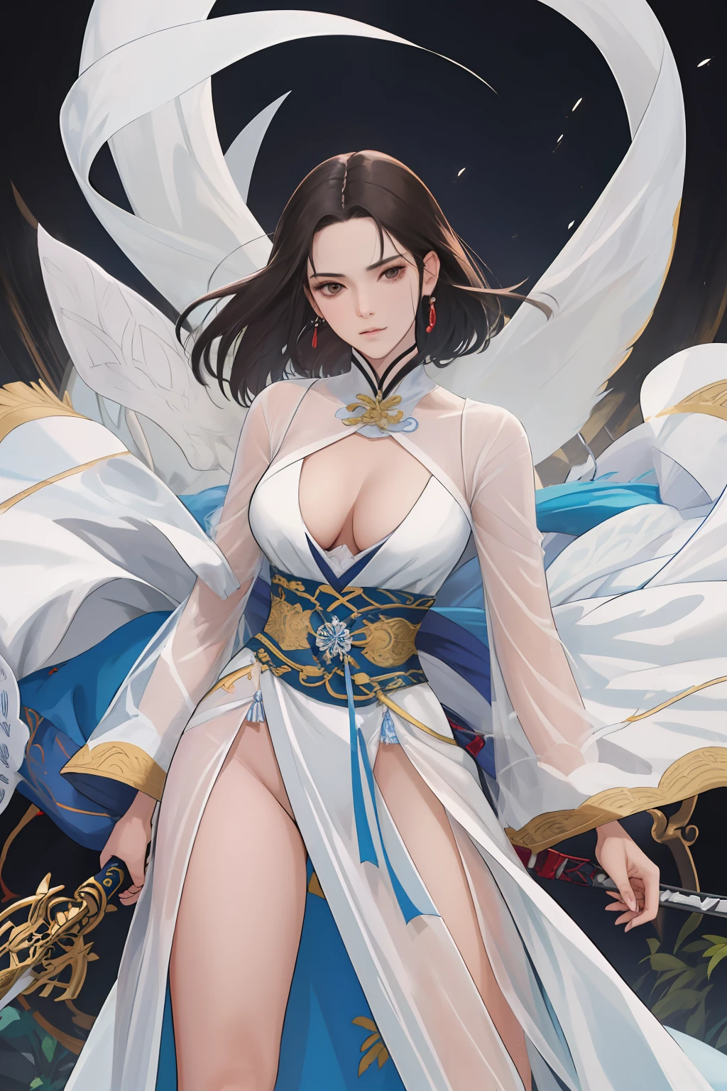 NSFW, obra-prima, melhor qualidade, ultra-detalhado, semi-realista, detailedfacialfeatures, 2woman, usando roupa distinta feminina velha wuxia,Villain,mulher de seios grandes,cabelos brancos como a prata,eyes black as darkness,corpo feminino perfeito sensual,o melhor de todos,voluptuosa,roupa feminina especial,arrogante,Standing with a long-tipped sword at the ends in his left hand his fallen enemies.
