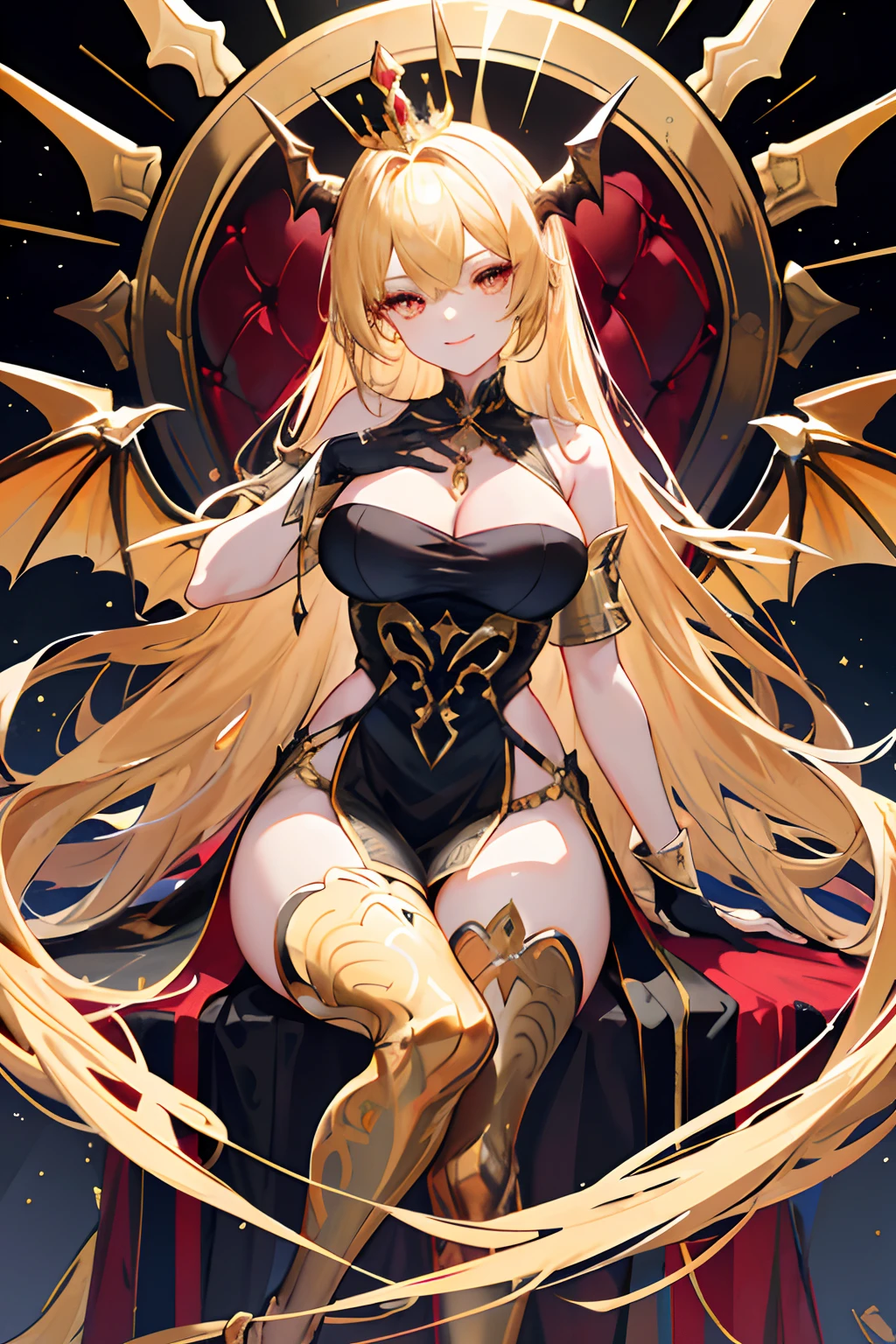 Royal Sister,femele,a queen,Wearing a crown,There are a lot of golden lightning bolts around,seated on a throne,bangs covering eyes,black suspenders stockings,Black lace top,Blonde hair that reaches to the waist,high-heels,Holding Erlang's legs,,Black silk top,Married Woman,mothers,Domineering,grin,The corners of the mouth are raised,Red and gold eyes,Black silk erotic underwear,Black top,Black silk gloves,There are gorse tattoos on the chest and thighs,There are many golden dragon scales on the arms,There are many golden dragon scales on the neck,sparkle eyes,Dragon's eyes,Snake eyes,Erect pupils,There are gold stripes on the clothes,There is a gold pattern on the clothes,The stockings have a gold pattern,Tall figure,Expose the lateral breasts,Twisted braids that hang down the shoulders,Largest breasts ,With elongated dragon horns,Huge golden dragon wings,Huge golden dragon wings,The wings of a huge golden dragon as big as its body,The body is covered by the wings of a huge golden dragon,Golden pupils,Only a pair of wings,large wings,The wings of the largest dragon,The wings of the largest dragon,There are golden scales on the neck,The fingers are golden dragon claws,Elongated golden dragon tail