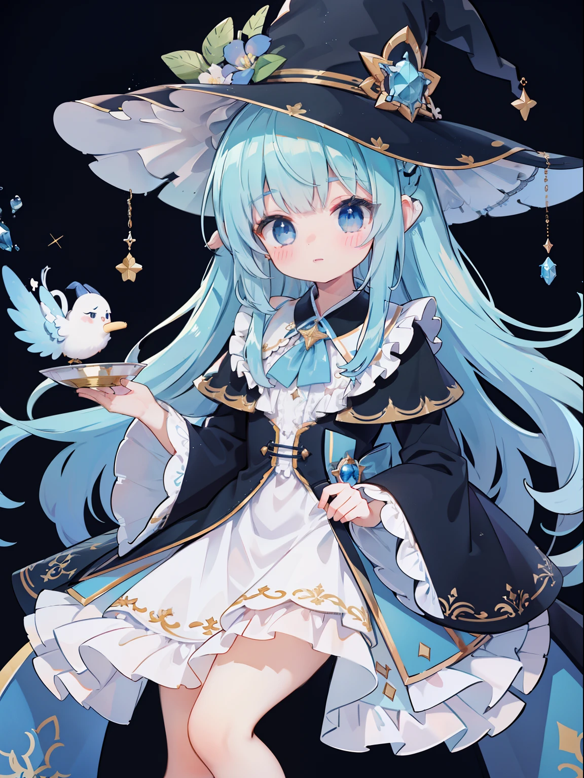 extremely detailed CG unified 8k wallpaper, very fine 8KCG wallpaper, absurderes,Lori ,Best Quality ,ultra-detailliert ,Beautiful face ,masterpiece、masterpiece、Top image quality、top-quality、lightblue hair、Light blue witch costume、witch's hat、Light blue face、Two-side-up、Light blue eyes、cute little
