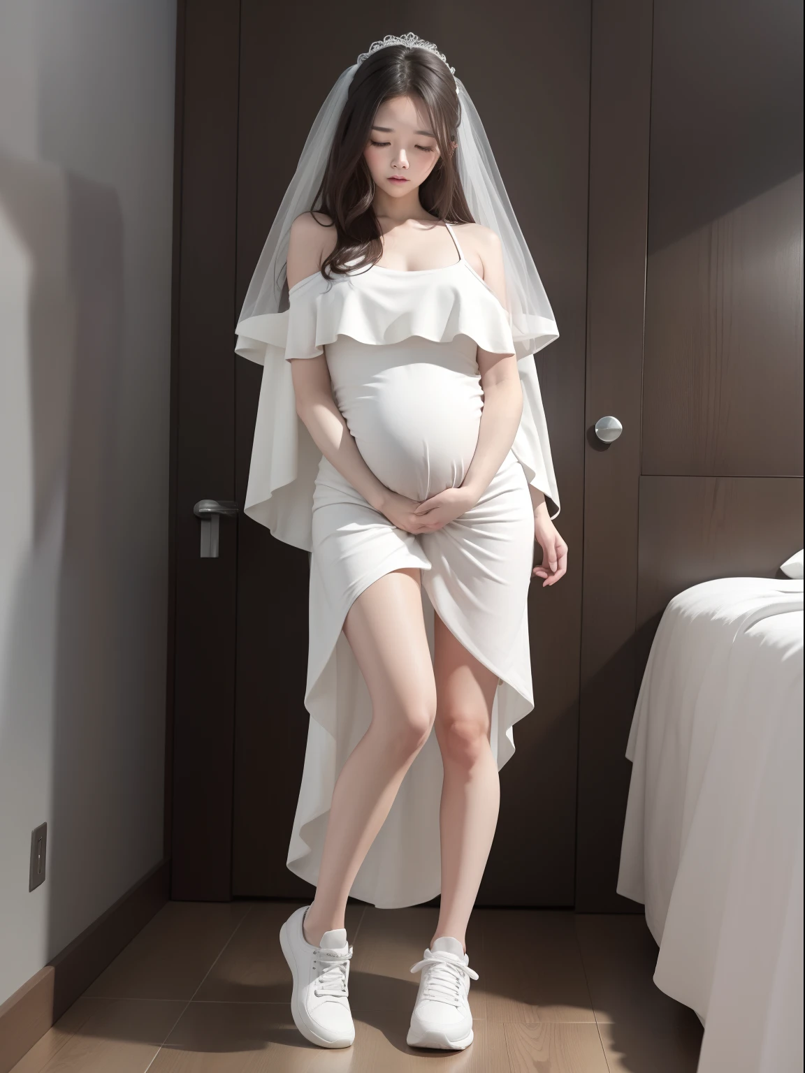 (photorealistic),(masterpiece),(ultra-detailed),Pretty and very sexy one korean girl wearing white very long wedding dress covering the entire body and a tiara standing on a wedding and aged about 20's barely enduring with a very full bladder with more than 10L in it but at her limit and about to explode, bladder and abdomen expanded like a sphere as big as her, lower abdomen and bladder about to pop, ,intensively holding pee,bladder so full that lower abdomen looking like 20 months pregnant with 20 , legs tighly fully crossed, standing on a wedding with legs double-crossed, both hands clamped tightly between the thighs, wet skin, sweating very much, body looking left, skinny, no belly fat, both hands on the crotch, generate full body, legs tightly double fully crossed,lower abdomen expanded like fully pregnant but smooth-rounded, fully crossed legs, feeling pain, wearing sneakers, cheeks blushed red, feeling high,wearing wedding dress ,girl's legs tightly fully crossed doubly,girl's legs fully crossed tightly,very nervous,legs crossed over tightly, feeling pain,one leg on the other leg,hands jammed to the crotch, leg crossed tightly,feeling pain but enduring,using all her strength to hold pee,doing anything to hold pee,eyes slightly closed,slightly afraid,bladder already far over the limit,barely holding pee from bursting out(view in front of and very closely from the crotch),standing up