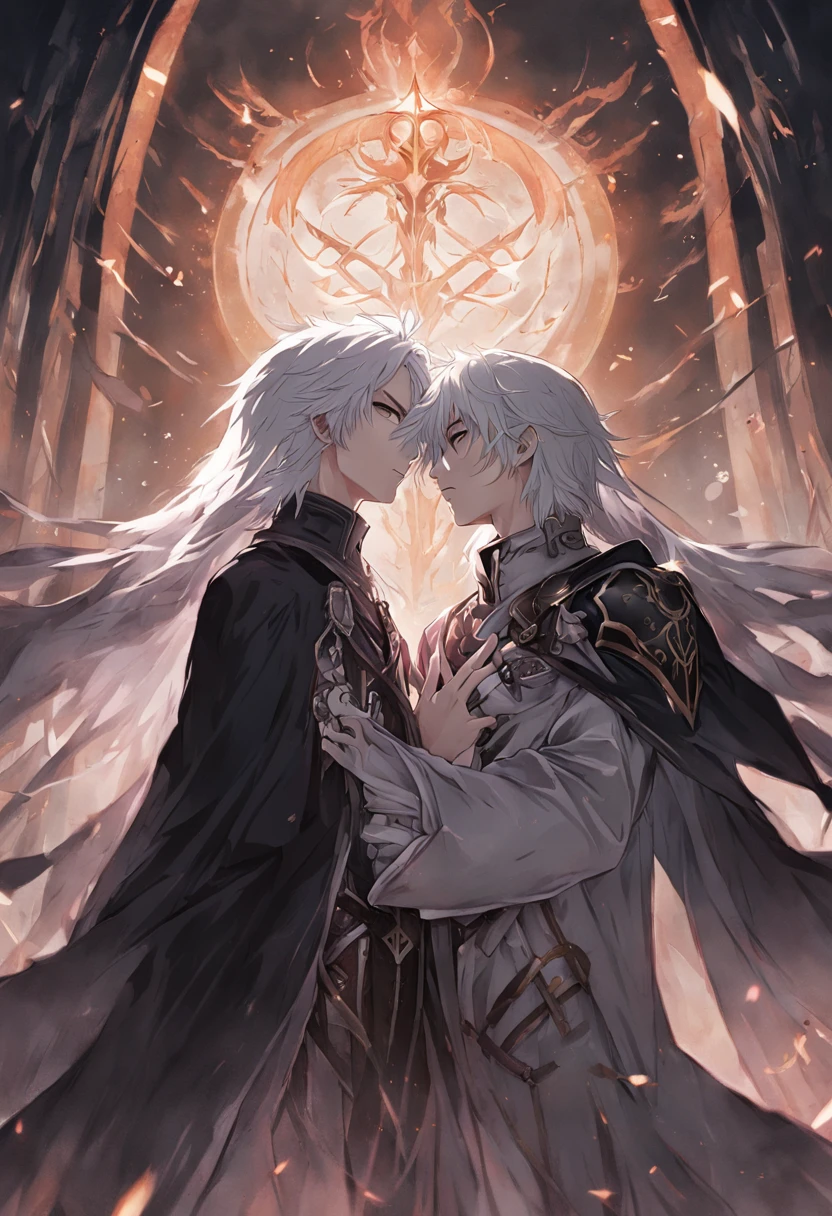 Black-haired and white-haired boy，The hair hangs almost down to the neck，Wearing a half-death mask，Death kisses his face，Stand at the intersection of light and darkness：HD graphics，Hyakki Night Line，holy paladin，Holy Grail War，tarot，Spooky atmosphere。