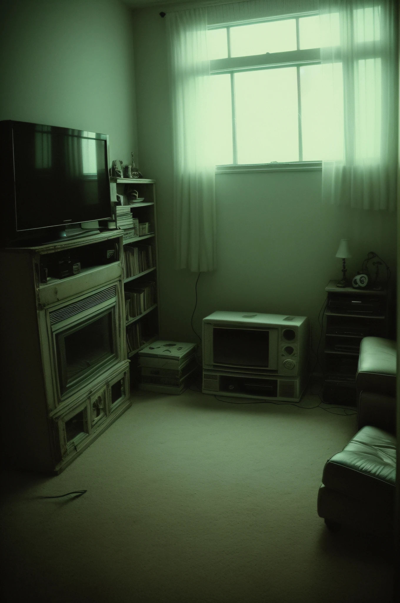 Nostalgic but unsettling photos、Images in a dream、90's、Retro、uneasy、deep in the night、natta、No light coming in through the window、((Large room、furniture、TV in the center of the room、CRT TV、The TV is turned on、The only light is the light of the TV))、Almost no light、murky、Particle、Grainy photo、Film Touch、color photograph、horor、terrifying、Wide angle scary atmosphere、wide angles、wide-angle lens、