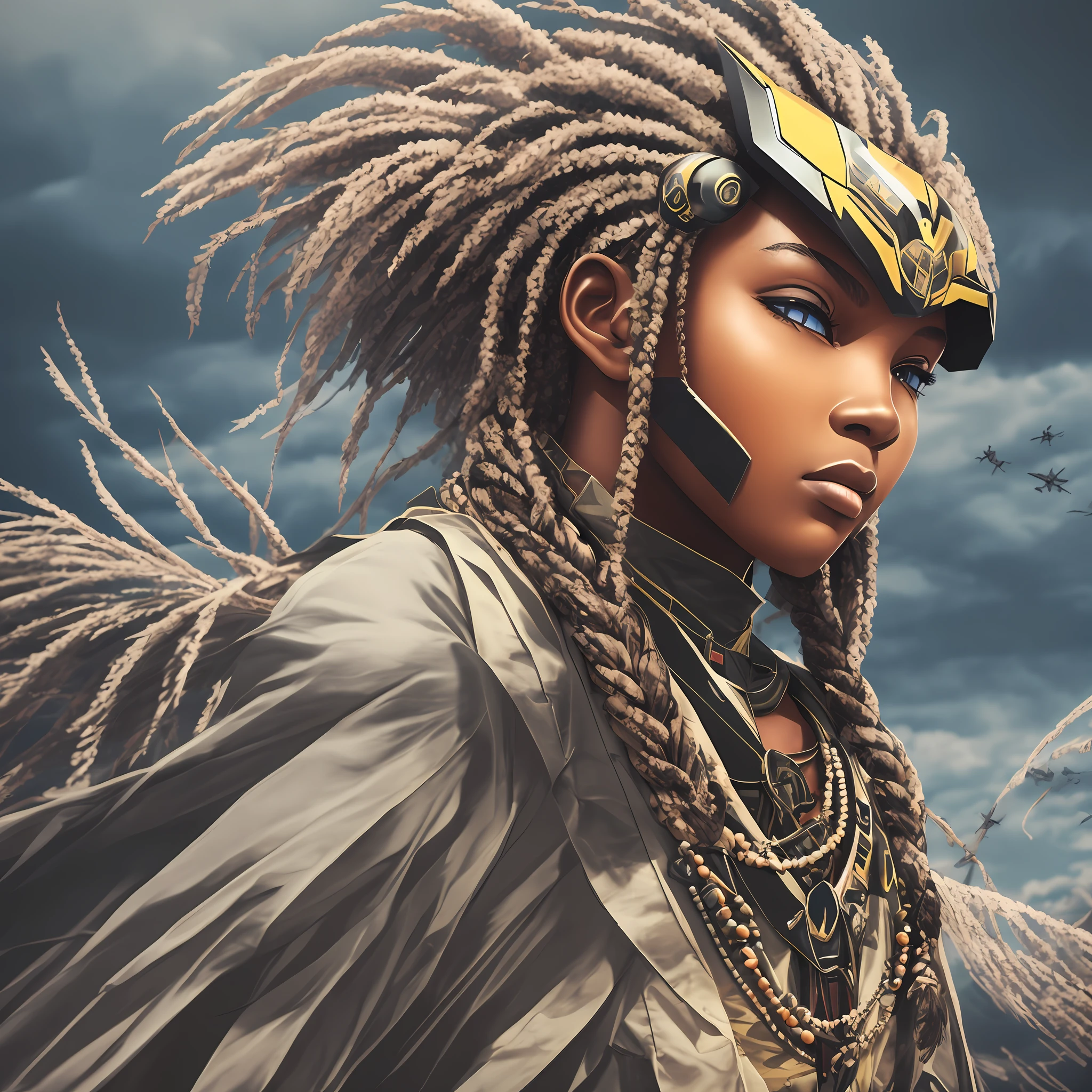 african girl with braids and beads, low poly bumble bee robot, pixar style, 3d rendered, octane X, Close up of warrior standing on a hill holding a sword, overlooking battlefield, robes blowing in the wind, sinister beauty, hard lighting, crisp illustrations, 32k uhd, art, street pop, emotion, close up, vibrant, illustration, abstract background, cinematic, moody, grey sky’s, trees in the background --auto --s2