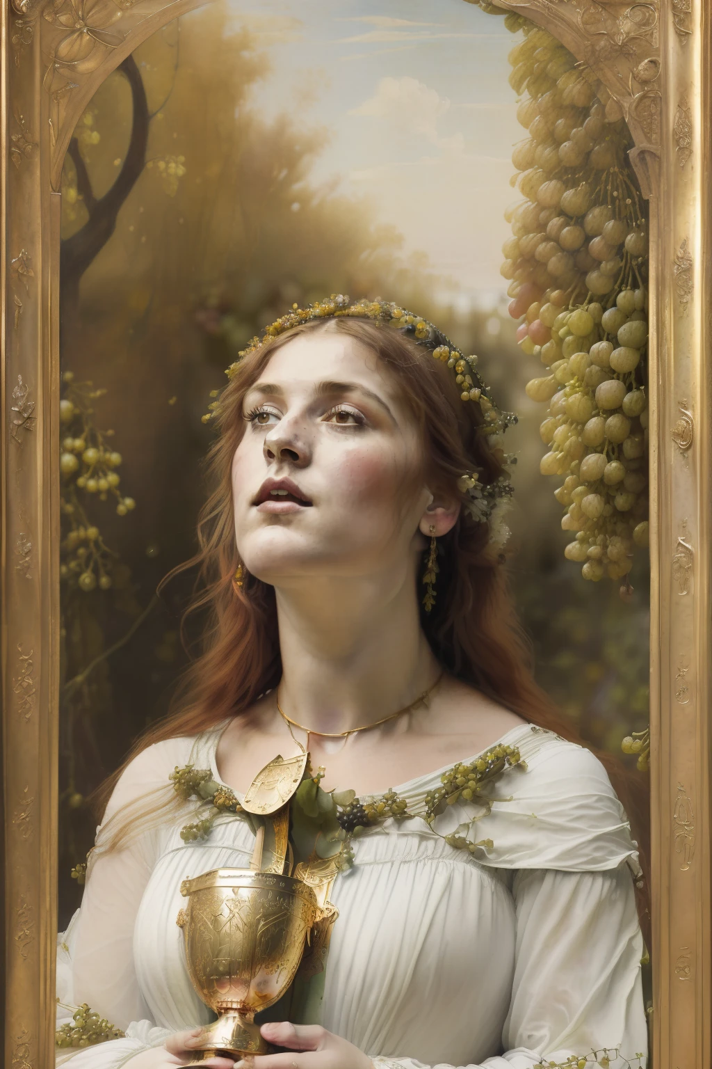 (((Pre-Raphaelite painting of a maiden in white singing while holding a golden chalice under bunches of grapes, roupa celta, boca aberta, is singing, Neck raised, Neck strap, coro, Santo Graal, paisagem celta, Floresta encantada)))