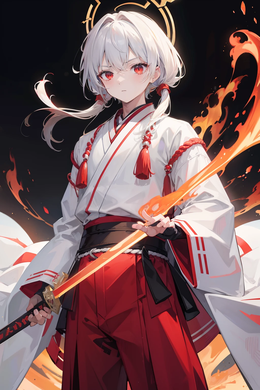 extremely detailed CG unity 8k wallpaper, masterpiece, best quality, Extremely detailed detail, a high chroma, Standing on the street at night, Japanese theme, cabelos preto e longos, red eyes, male , White jacket, Black Hakama, Aoba Ori, Holding a huge, ruddy weapon in one hand, Intimidating, Scene engulfed in flames, Sword