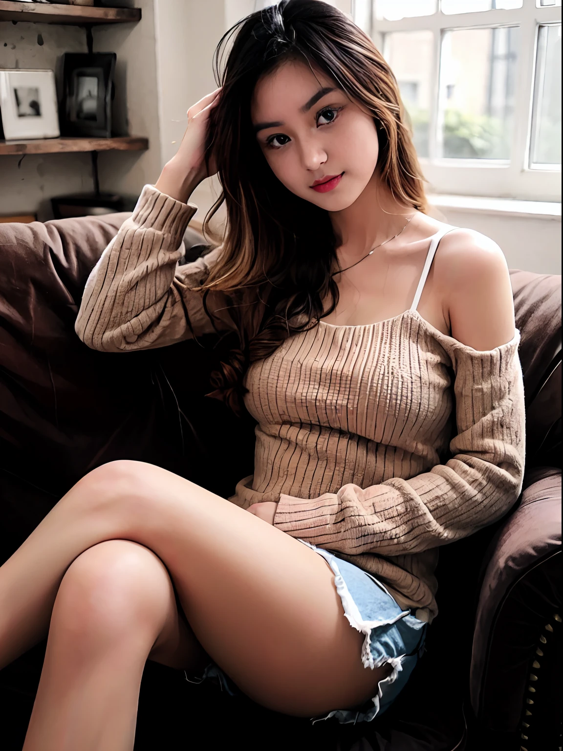 1girl,sitting on a cozy couch,crossing legs,soft light