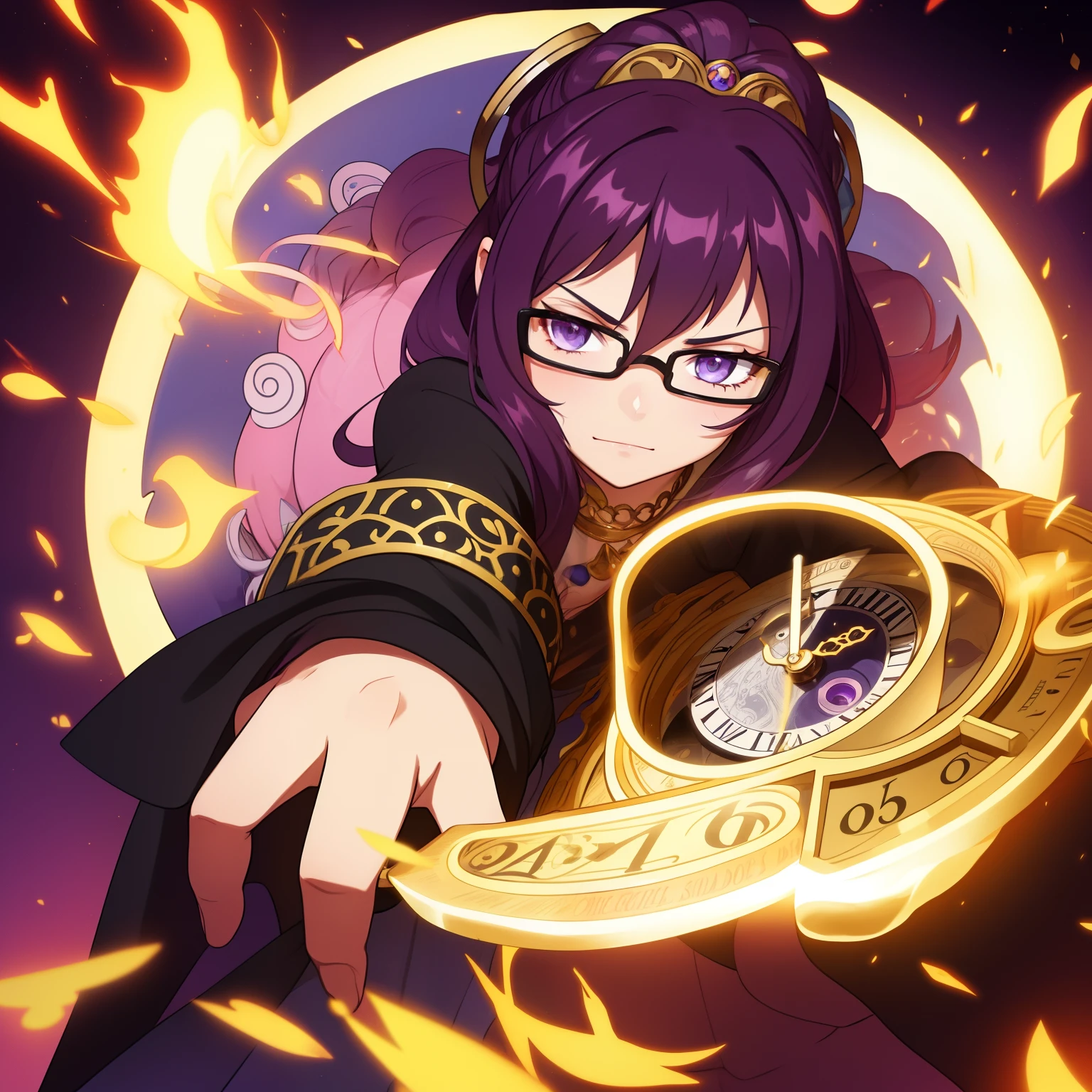 Boy with long black messy hair, hair is slightly messy, possue um bandeira no nariz, Her eyes are of Lilac Iris, is holding an old golden pocket watch, The golden watch emanates a chaotic purple aura like fire, In the background there are rapidly rotating clock hands, The kid has wires coming out of his clothes and inventor's glasses, it's beautiful