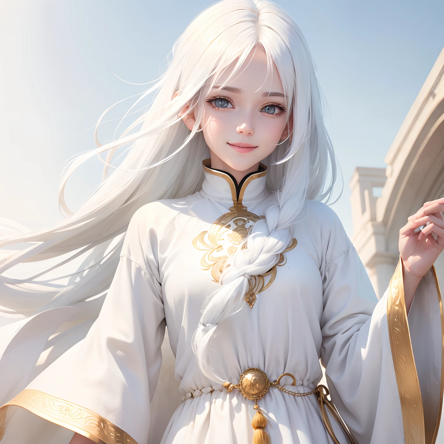 best quality, white hair, gold eyes, white clothes, looking up, upper body, hair strand, Fair skin, smiling