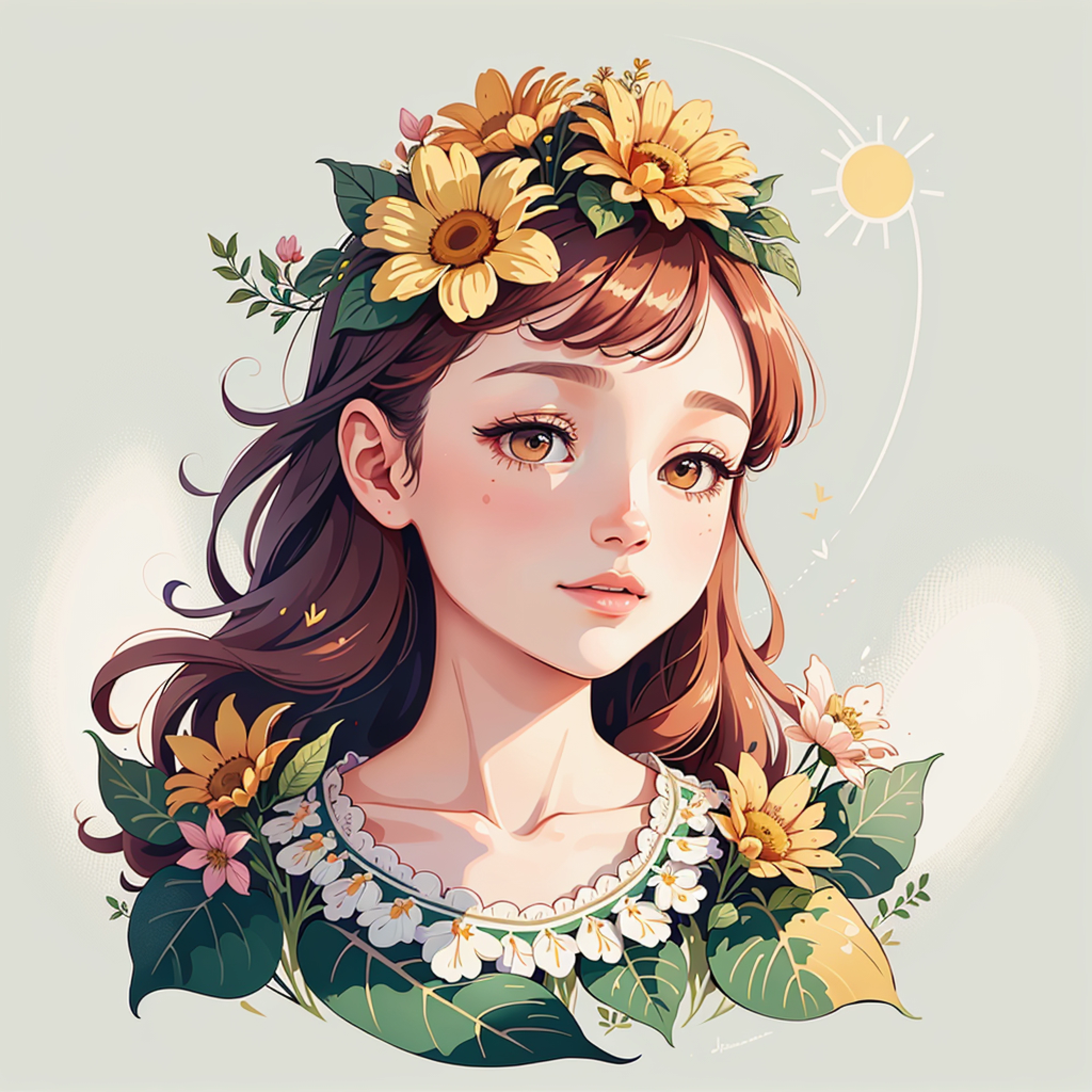 Piquer:Le soleil brille,fleurs en fleurs,papillonsdanser,It was as if the earth was crying out for the arrival of spring.。Mobile wallpaper illustration,Vue sur la nature, Illustration minimaliste, Illustration au trait, colourfull。composition circulaire,flat illustration。