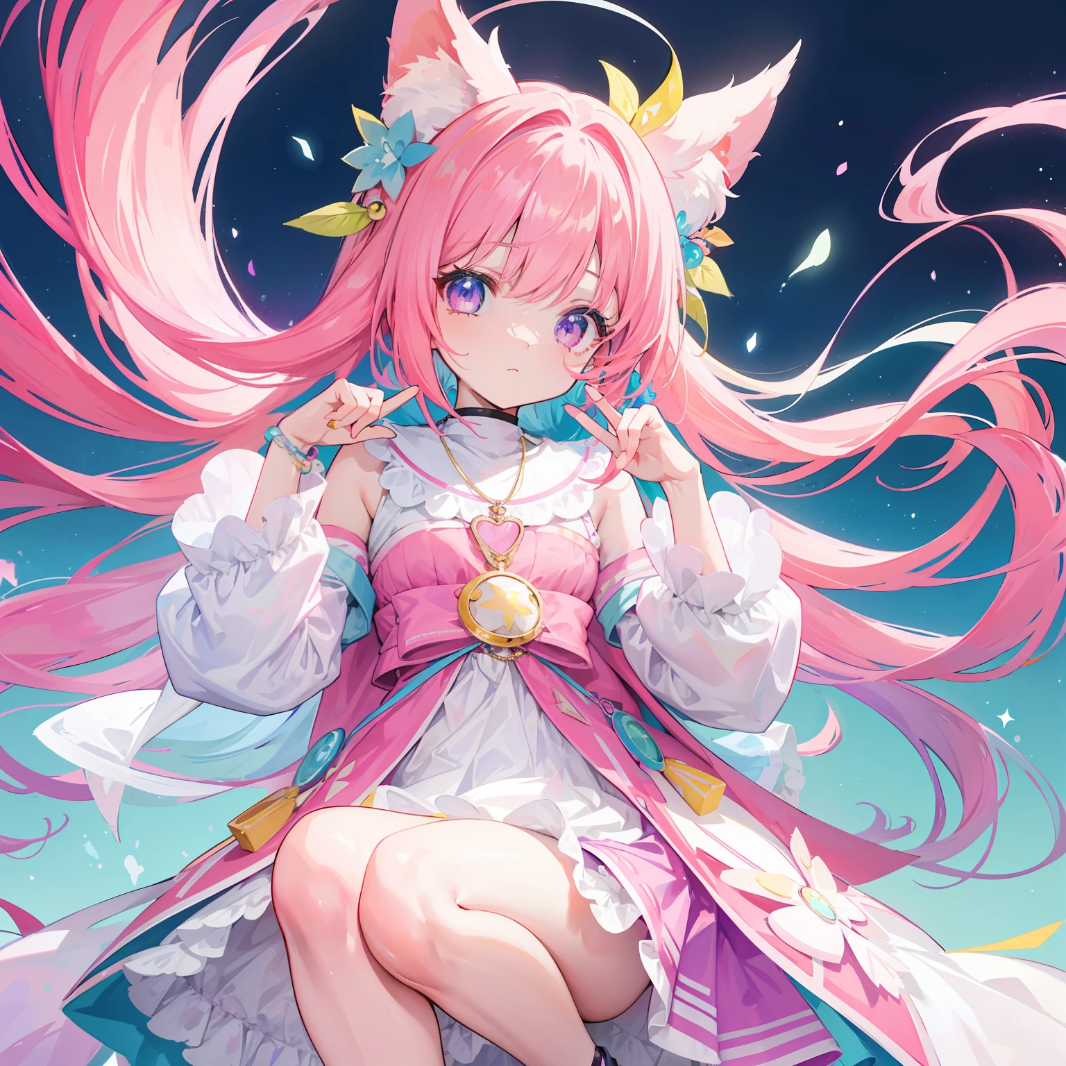 Furry, furry kemono, female fox furry, cute, 4 big and fluffy ear, chubby, cute little baby, pink and coloured hair, fluffy gold and pink coloured tail, a kimono with galaxy pattern, sitting on fluffy cloud, luxury, a luxurious tiara, a night sky background, blushing a little, a constellations in the sky, stardust trailing, a glowing star-shaped birthmark on cheek, holding a glowing star, (((masterpiece))), (((best quality: 1,4)))