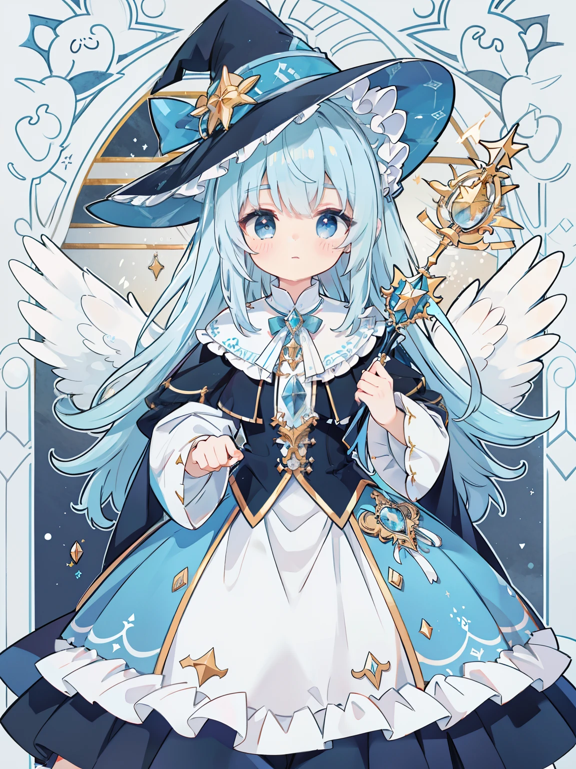 extremely detailed CG unified 8k wallpaper, very fine 8KCG wallpaper, absurderes，Lori ，Best Quality ，ultra-detailliert ，Beautiful face  ，​masterpiece、​masterpiece、Top image quality、top-quality、lightblue hair、Light blue witch costume、witch's hat、Light blue face、Two-side-up、Light blue eyes、cute little