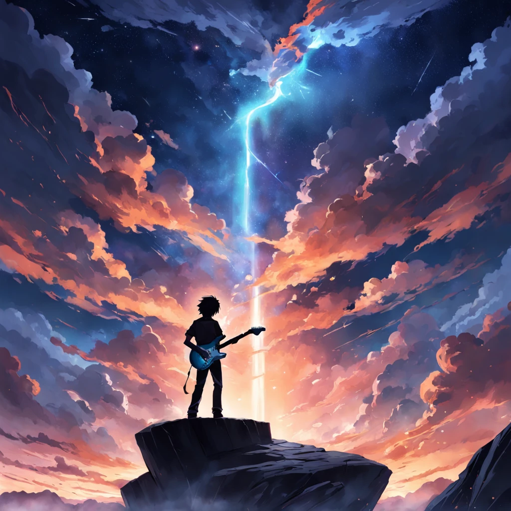 Create an art with a guitarist playing rock and in the background the sky