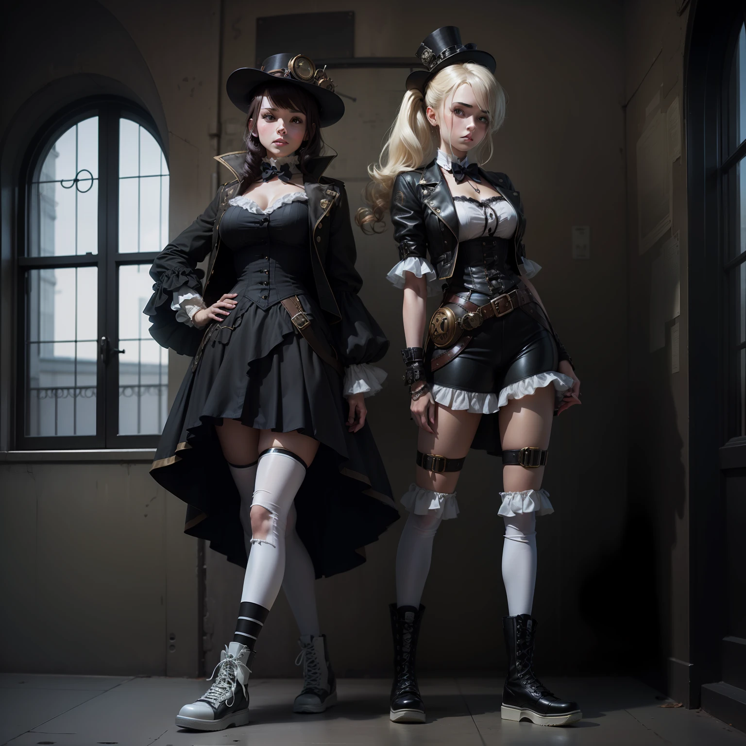 multiple sexy girls with rifles wearing dresses and stockings protects princess in bride dress