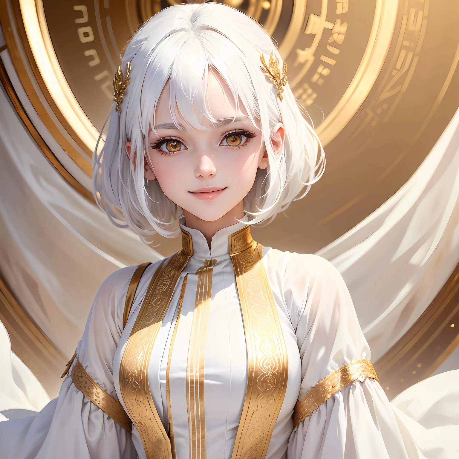 best quality, white hair, gold eyes, white clothes, looking up, upper body, hair strand, Fair skin, smiling
