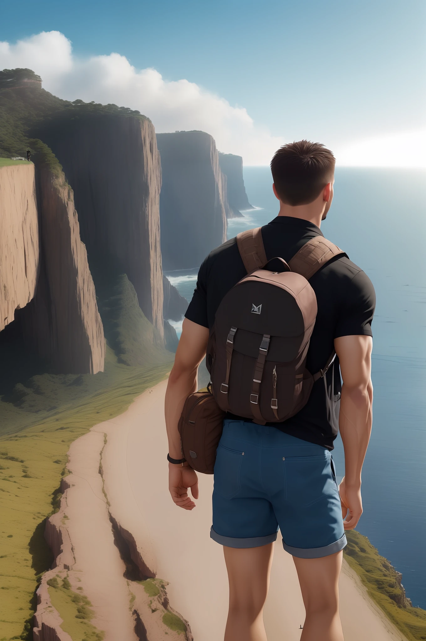 (beautiful and magnificent skyline, majestic sky), (extremely tense and dramatic pictures, moving visual effects), (high hanging Polaris, colorful natural light), (1man), (muscular top, denim shorts, carrying a backpack), (dynamic pose:1.3, black eyes, black hime-cut hair, strong man with smile f ace)[:0.8], (large rocky cliff), (oncoming breeze), (brown hair and background Coordination effect: 1.2), (close shot, long shot mix and match)[::0.9]