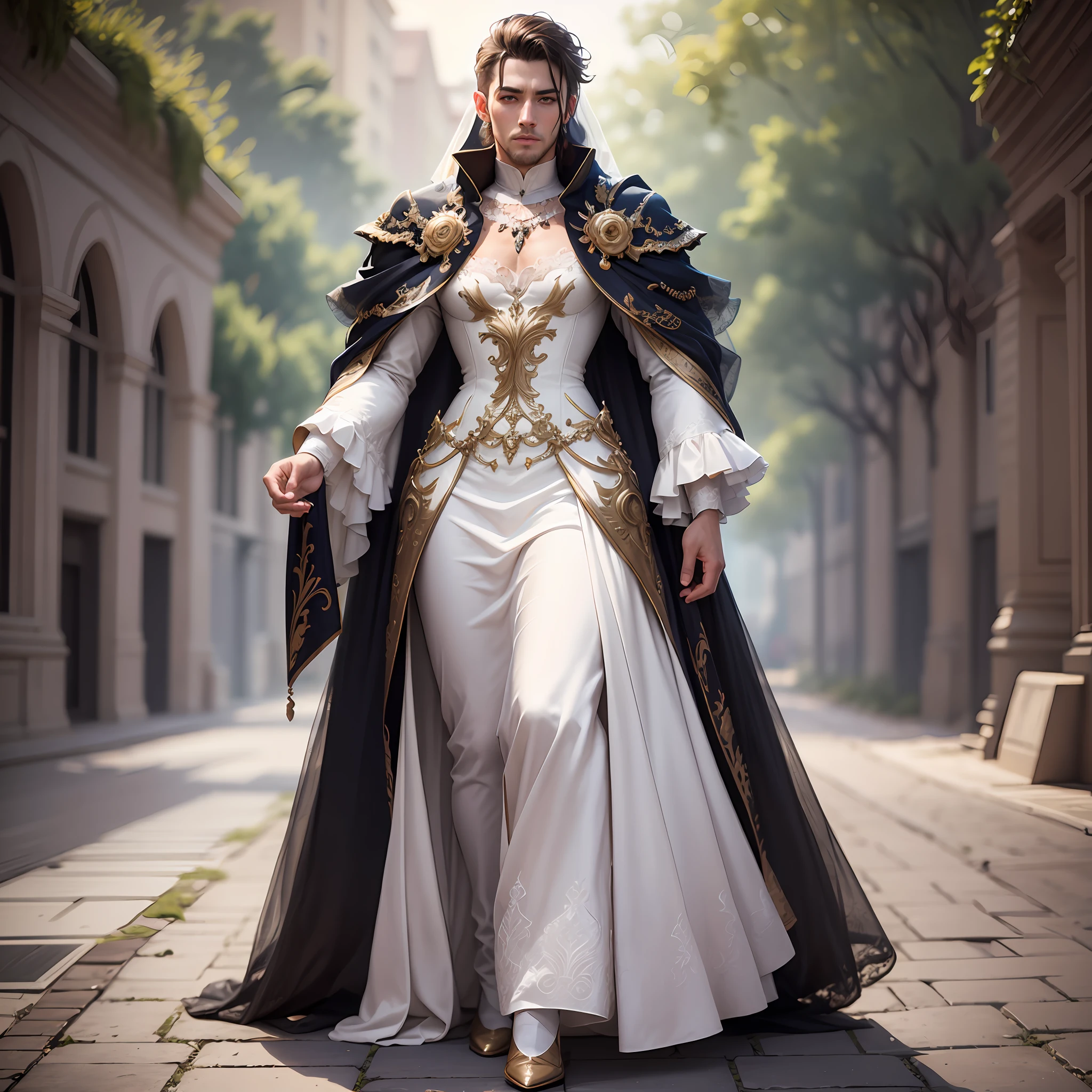 a full body of a male, image size 1:1, hyper-realistic, agender wedding dress style, advanced digital fashion art, fashion art ultrarealistic 8k --auto --s2