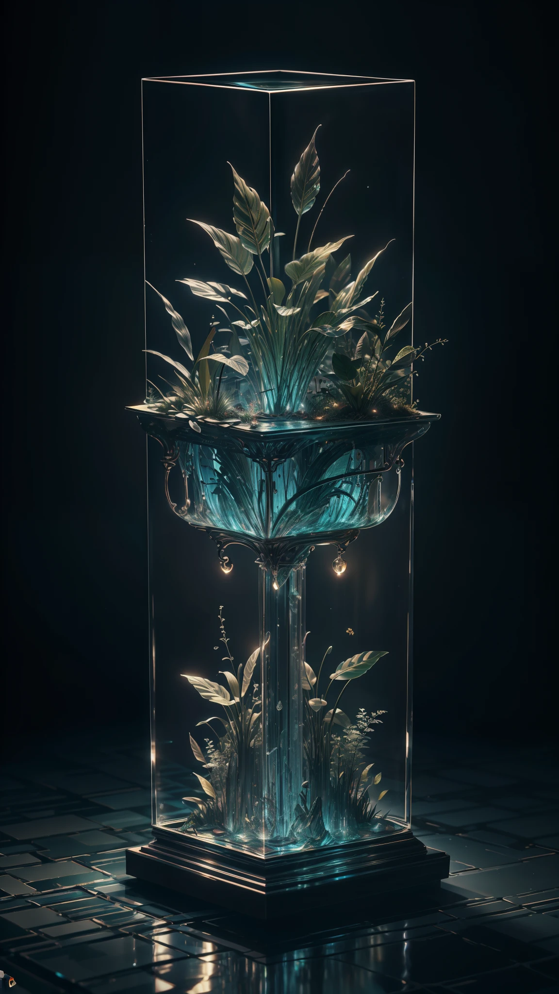 masterpiece of glass sculpture with plants inside, water, glowing, fantasy, high quality, high detail, best quality, rtx, 4k, 8k,