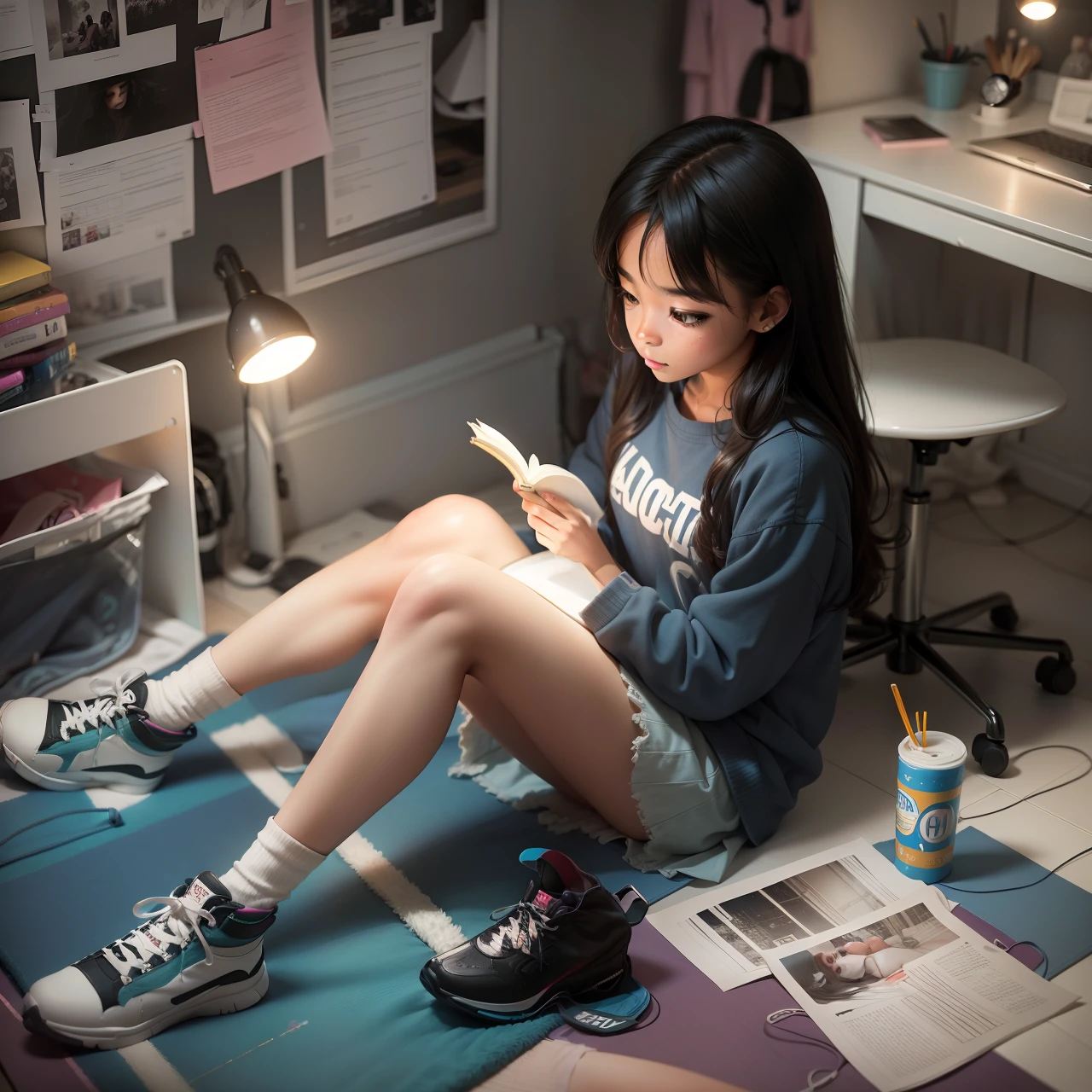 blac girl sitting on the floor doing her homework in her room at night soft lights on