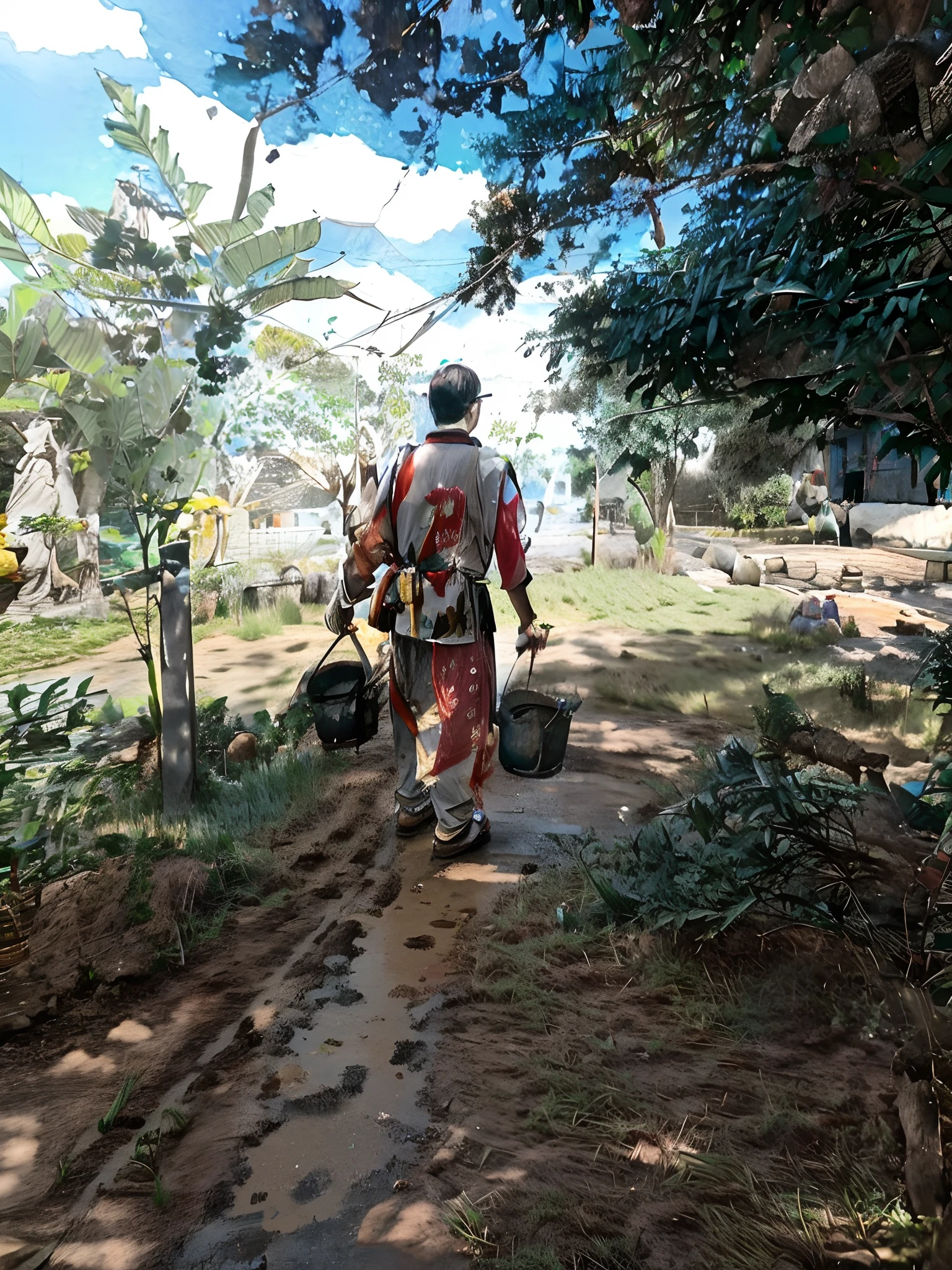 There is a man walking down a path with buckets of water, jardinagem, Caminhando no jardim, working hard, carregando duas barras, em jardins de maconha, arte tradicional, trabalho de linha fina, Fotografia tirada em 2 0 2 0, Permacultura, indigenous man, Foto tirada em 2018, belos arredores, Velho fazendo trabalho duro, album photo