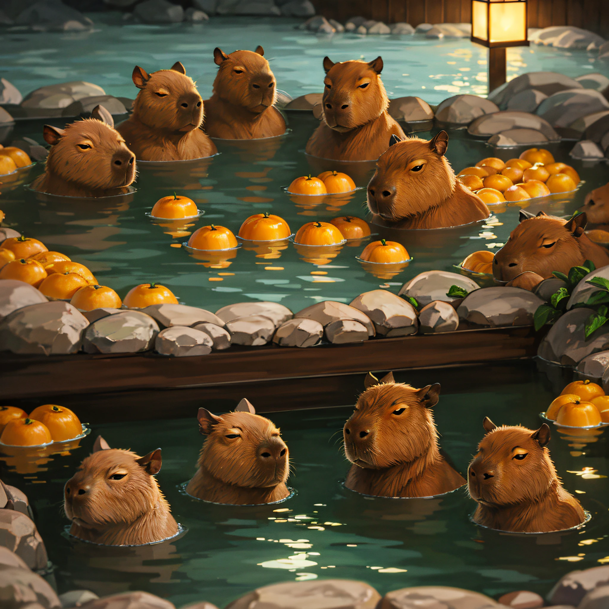 no humans, capybara, multiple capybara, baby capybara, wood barrel, weat wood, japanese nature, thermal pool, hot springs, natural thermal pool, natural hot springs,  japanese thermal pool, japanese hot springs, oranges, oranges floating in water, orangein head, cute, high detail, (masterpiece, best quality), intricate details, high detail, detailed skin texture, (goosebumps:0.3), subsurface scattering, vibrant colors,