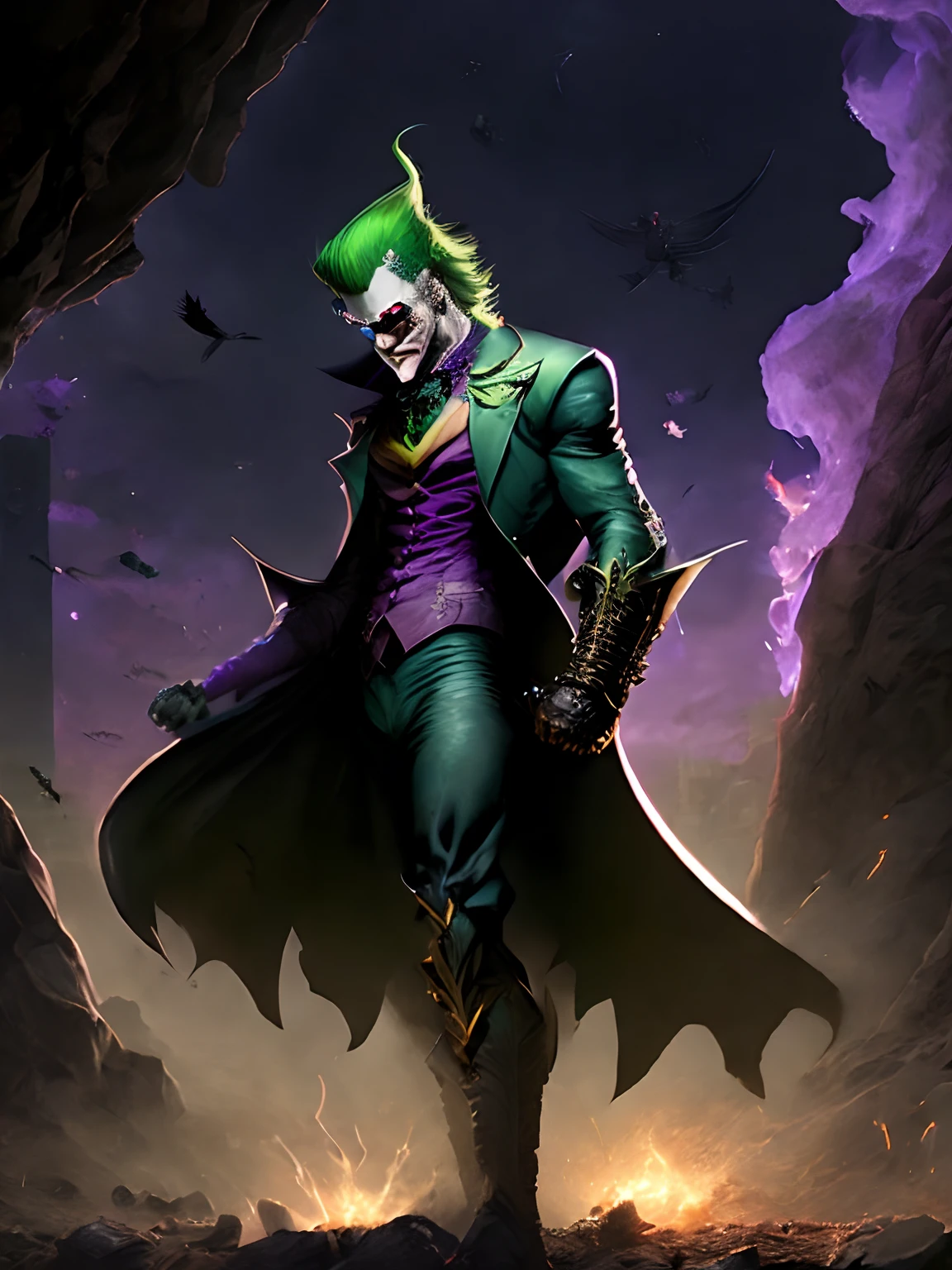 (((full body))), ((joker from dc comix, maquiagem vibrante)), sorrindo, Terno preto com detalhes prateados, Paisagem caotica, luz de fundo laranja, lightnings, chamas, fagulhas, smoke billowing, esquema de cores vivas e brilhantes, anime, illustration, Textura detalhada da pele, textura de pano detalhada, Rosto bonito e detalhado, detalhes intrincados, ultra detalhado.