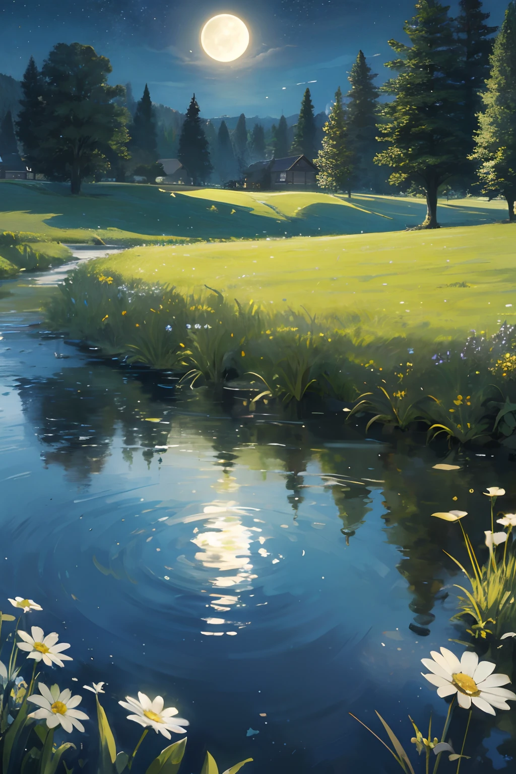 Flowery field moonlit night stars green lawn reflection in river water