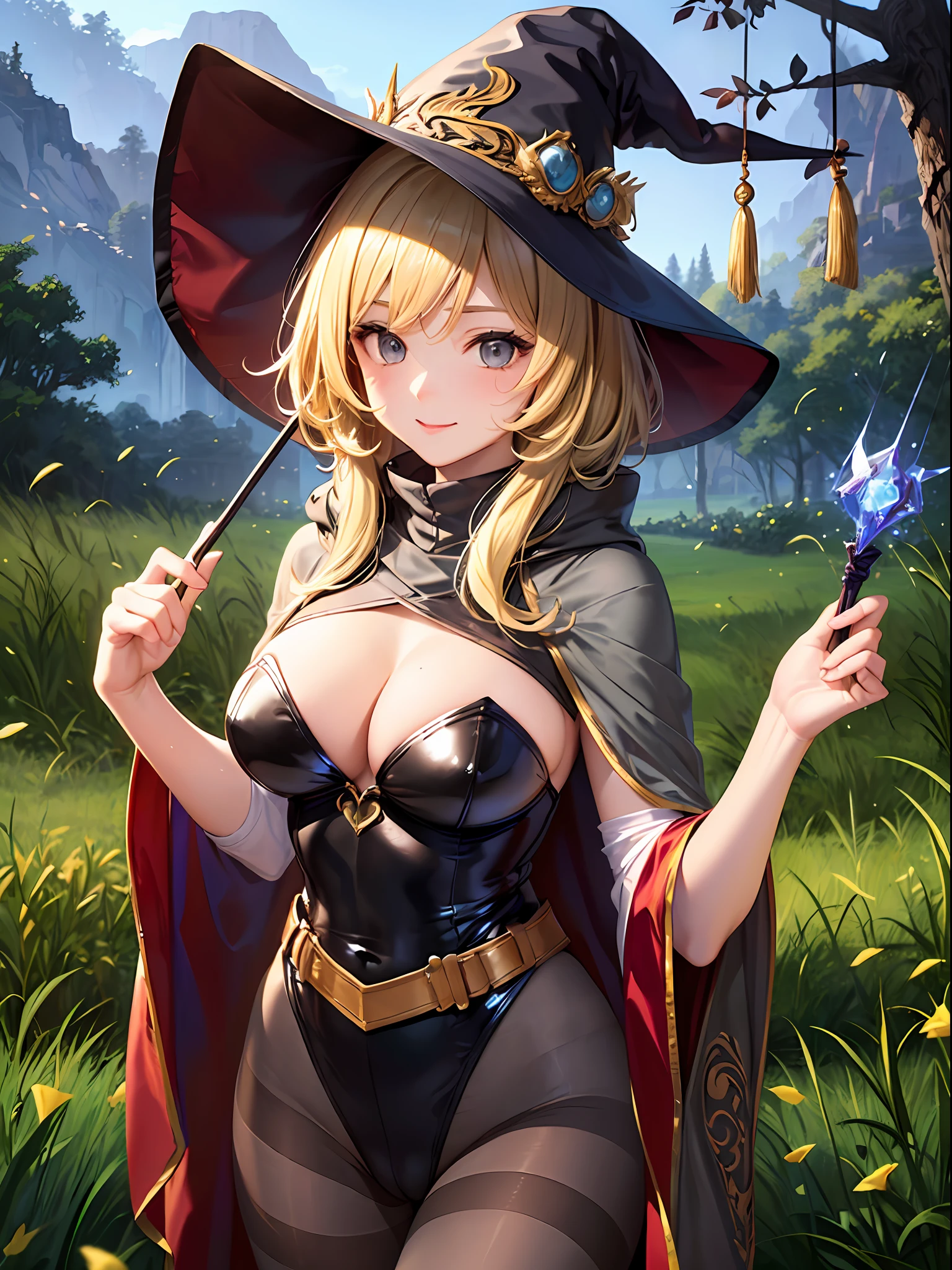 (top-quality: 1.3), (​masterpiece: 1.3), (The ultra-detailliert: 1.3), (wall-paper, one girls: 1.1)、(Detailed hands and fingers:1.2)、(Detailed ultra-oily shiny skin:1.1)、oily shiny thighhigh、Sorcerer、(Wizard Hat:1.3)、(The wizard's cloak:1.2)、(Beautiful grey high neck leotard:1.4)、(Brown pantyhose:1.3)、grass field、(blondehair:1.3)、Medium Hair、bobhair、ssmile、(Beautiful Large Breasts:1.3)、Beautiful sister、(is standing:1.2)、sexypose、Has one magician's wand、a belt、ignite