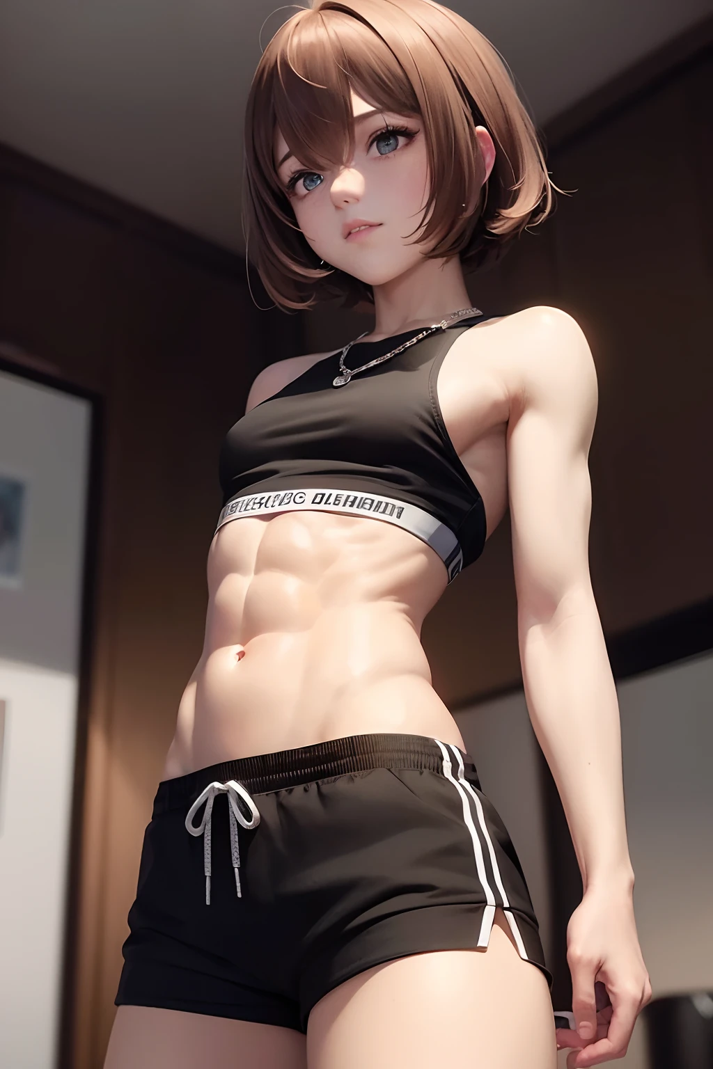 ((medium chest, tomboy, small head)), (cut abs: 1.1), (perfect body: 1.1), (short wavy hair: 1.2), auburn hair, collar, chain, full body, workout , sweat, femboy, futa ((shorts)), (extremely detailed CG 8k wallpaper), (extremely delicate and beautiful), (masterpiece), (best quality: 1.0), (ultra high resolution: 1.0), beautiful lighting, perfect lightning, realistic shadows, [high resolution], detailed skin, super detailed (((colorful)))