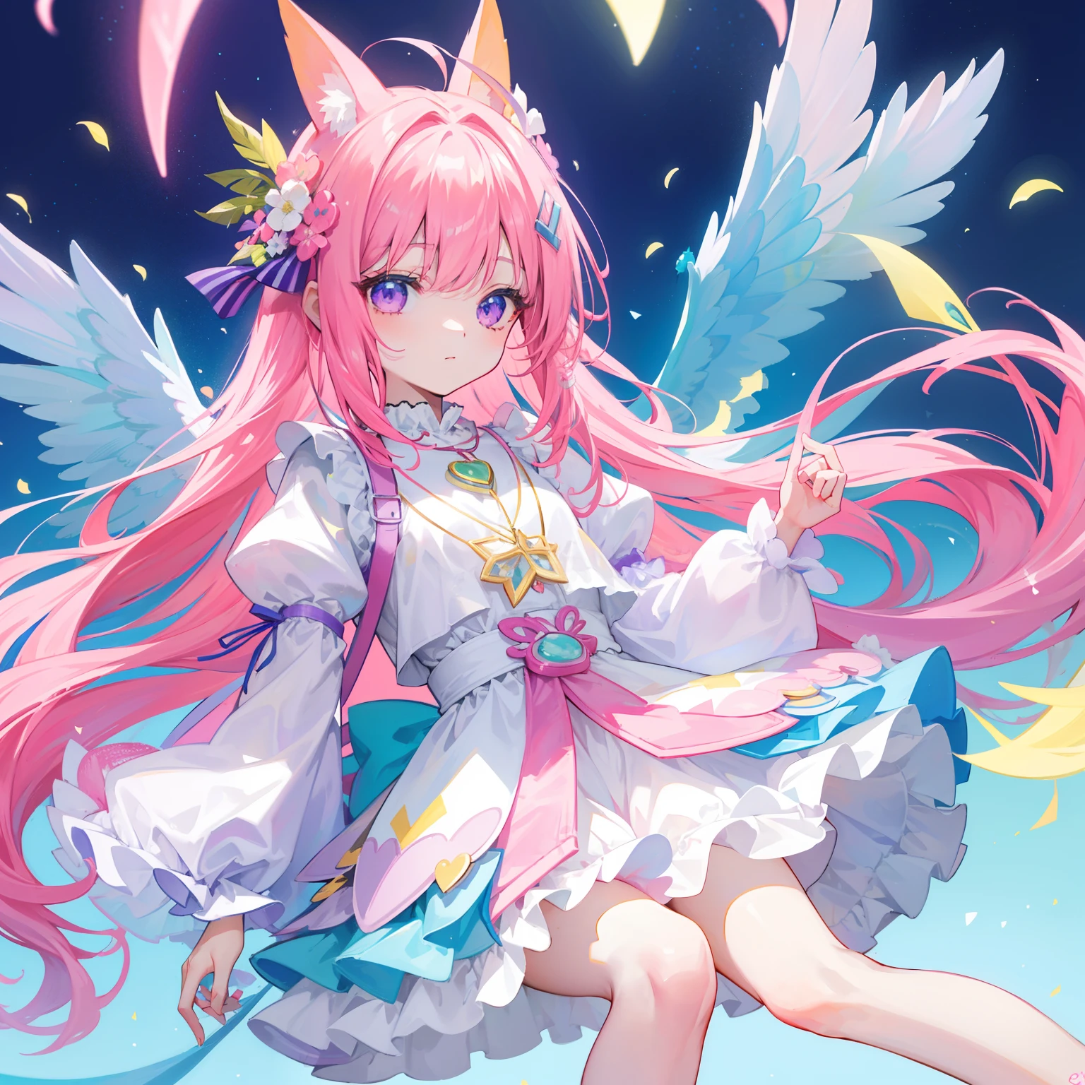 Colorful light background,long whitr hair,Has a bright pinkish-purple transparent gum texture,In pink、Wear yours with blue and white,yellow and greens,Cyan matching accessories pendant decoration,This is a very sweet and sweet li girl