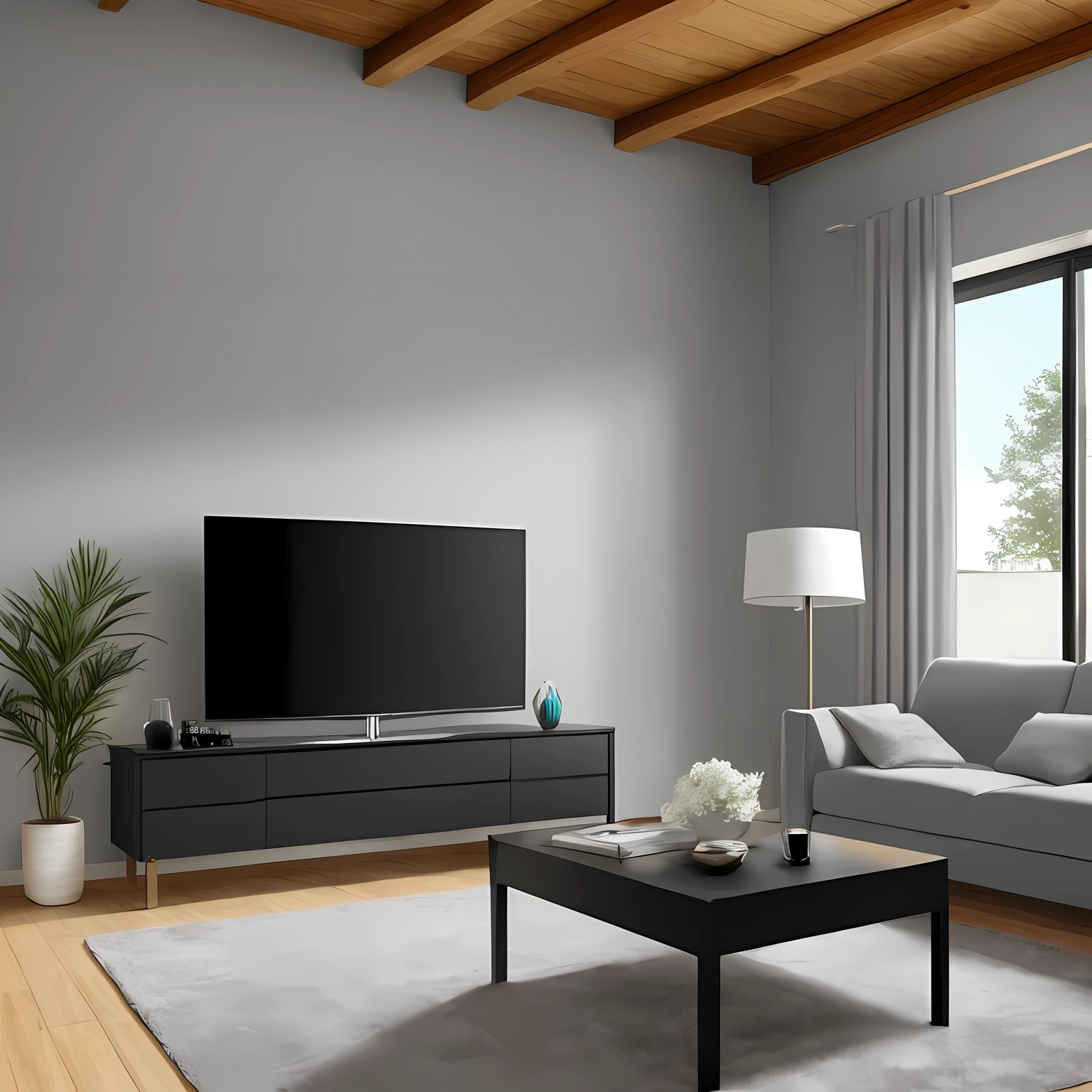 Architectural environment with gray sofa, estante de ferro com pintura preta, tv de 50 polegadas.