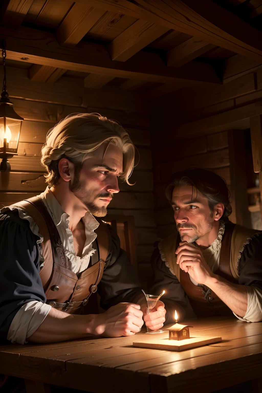 Humble seventeenth-century tavern, iluminada por tochas, Rustic, homens bebendo e um homem de capuz em um canto escuro