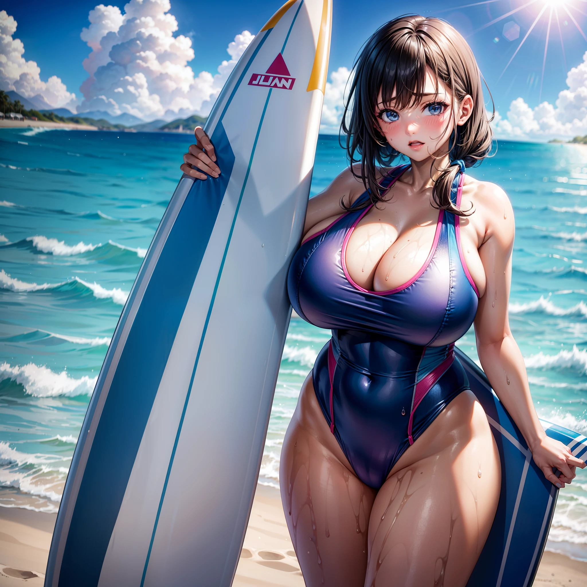 1girll,Competitive swimwear,gigantic cleavage breasts,Covered in sweat,surfboard