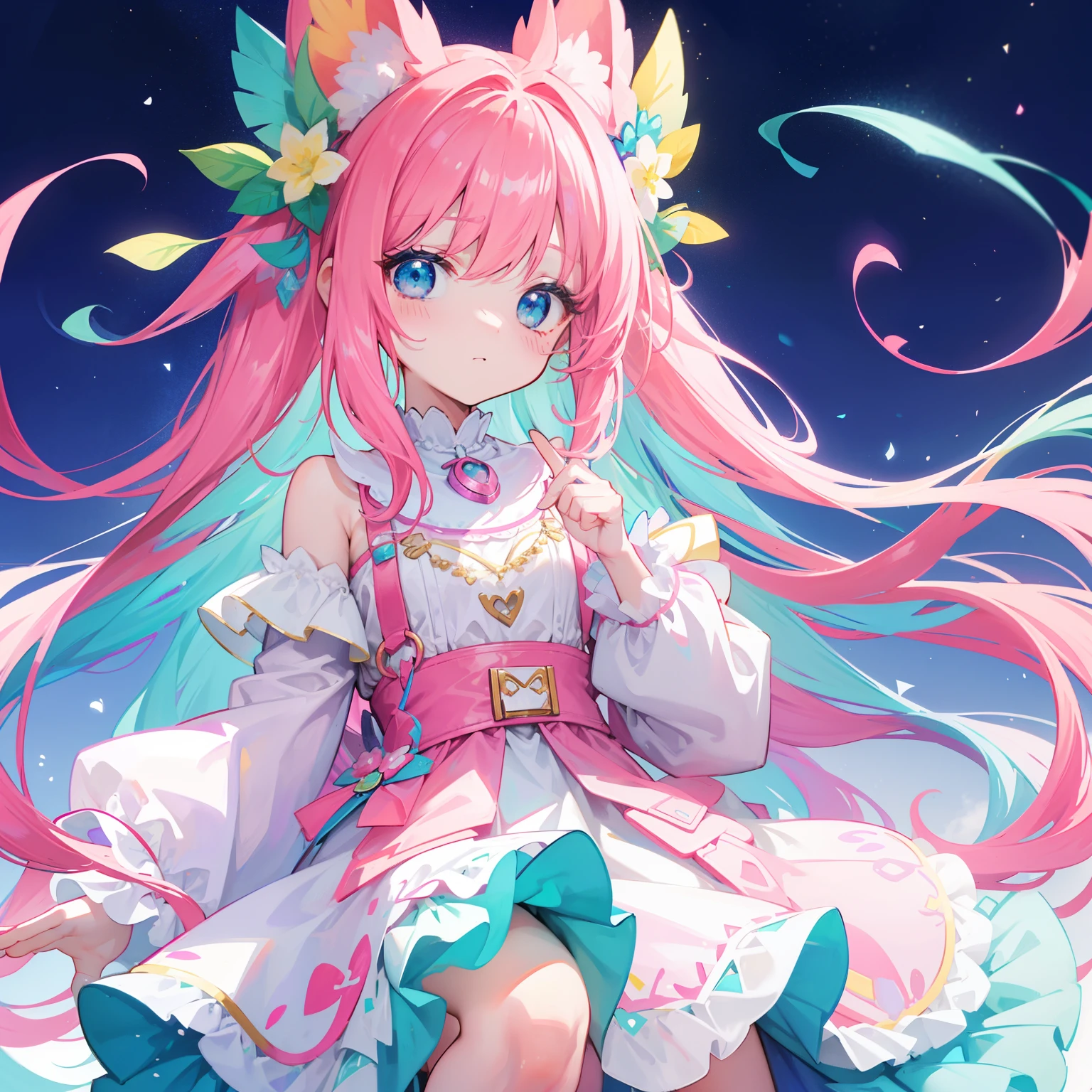Colorful light background,long whitr hair,Has a bright pinkish-purple transparent gum texture,In pink、Wear yours with blue and white,yellow and greens,Cyan matching accessories pendant decoration,This is a very sweet and sweet loli girl